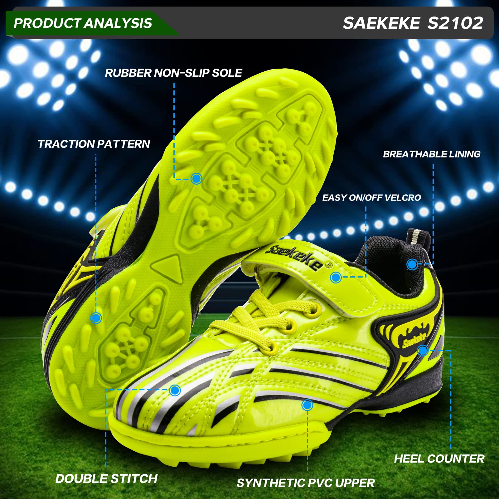 Botas de fútbol TF Niños Niñas para Moqueta Turf, Ligero Antideslizante Velcro Bajo Zapatos de Entrenamiento