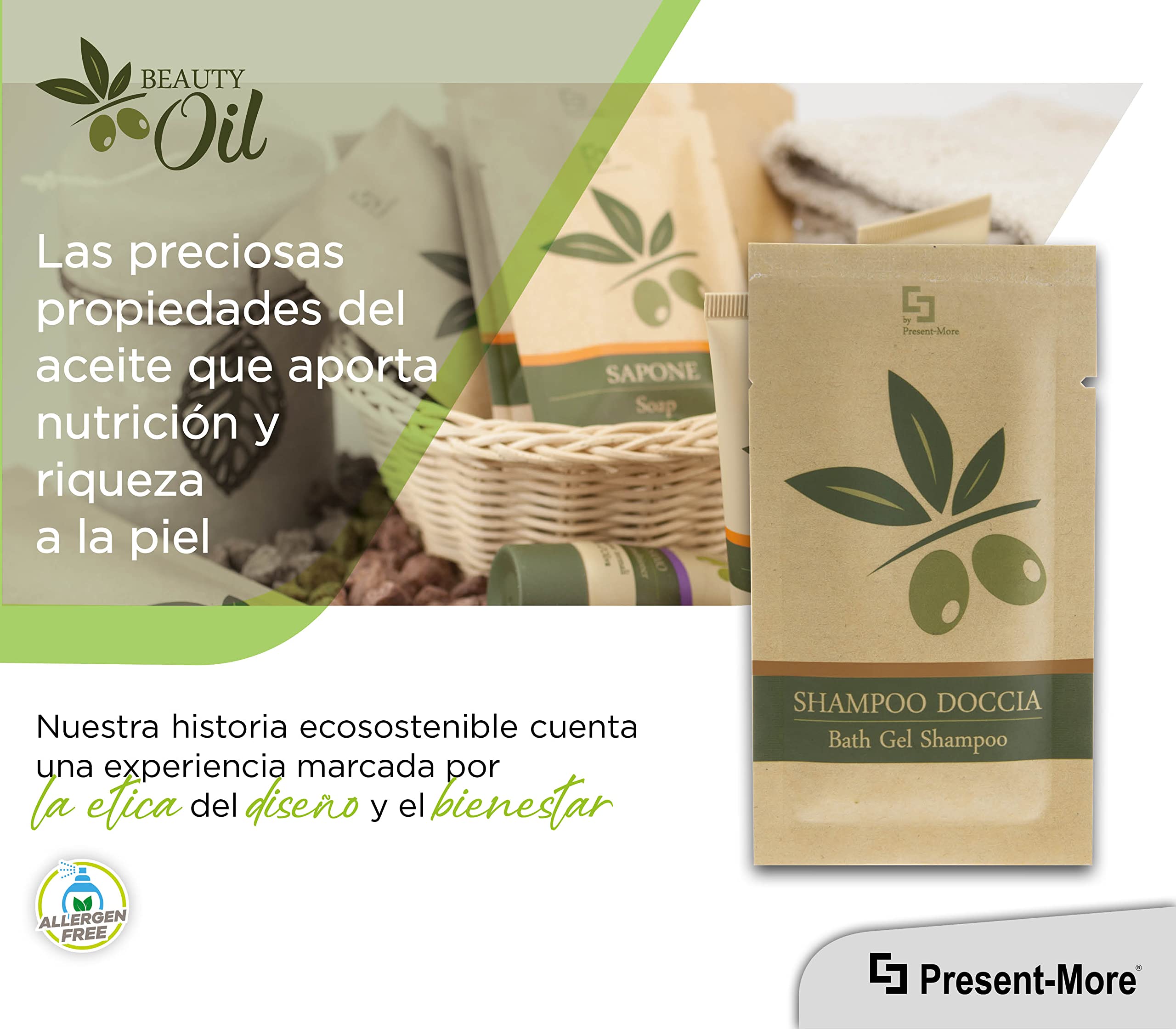 Present-More Champú de ducha 15ml Beauty Oil - Ducha champú 250 unidades para Hoteles y B&B | Ducha champú sin alérgenos con fragancia Tahitian