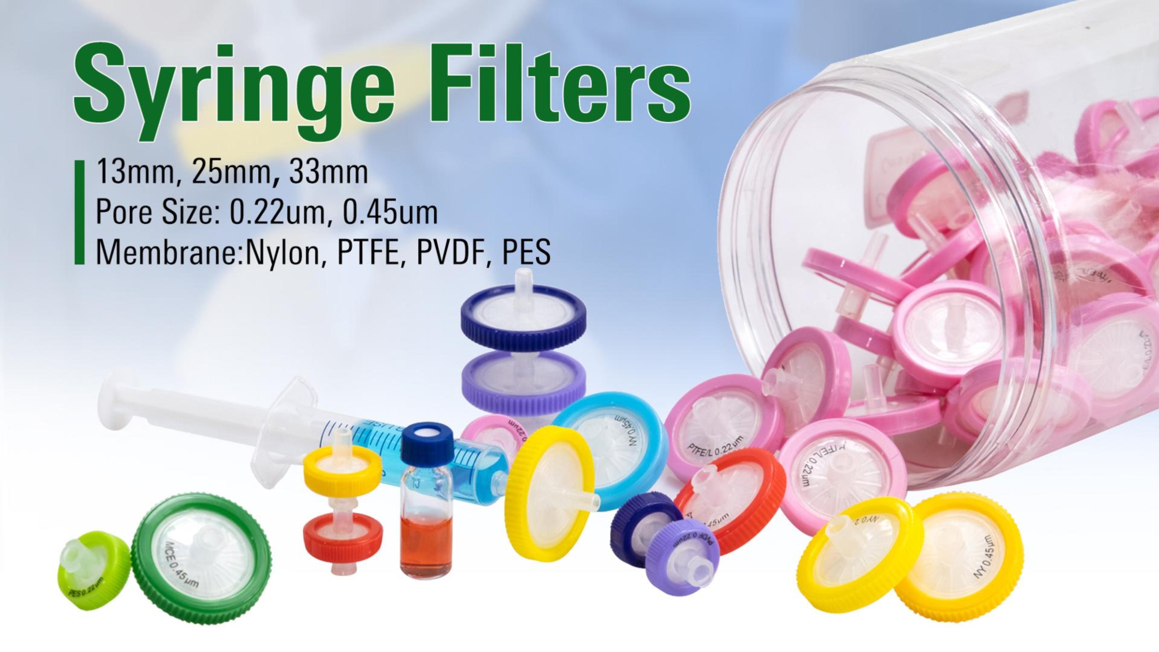 Image of Syringe Filters PES Hydrophilic Filtration 0.45um 13mm Membrane Diameter Lab PES Membrane Disc Non-Sterile by Labfil, Pack of 100