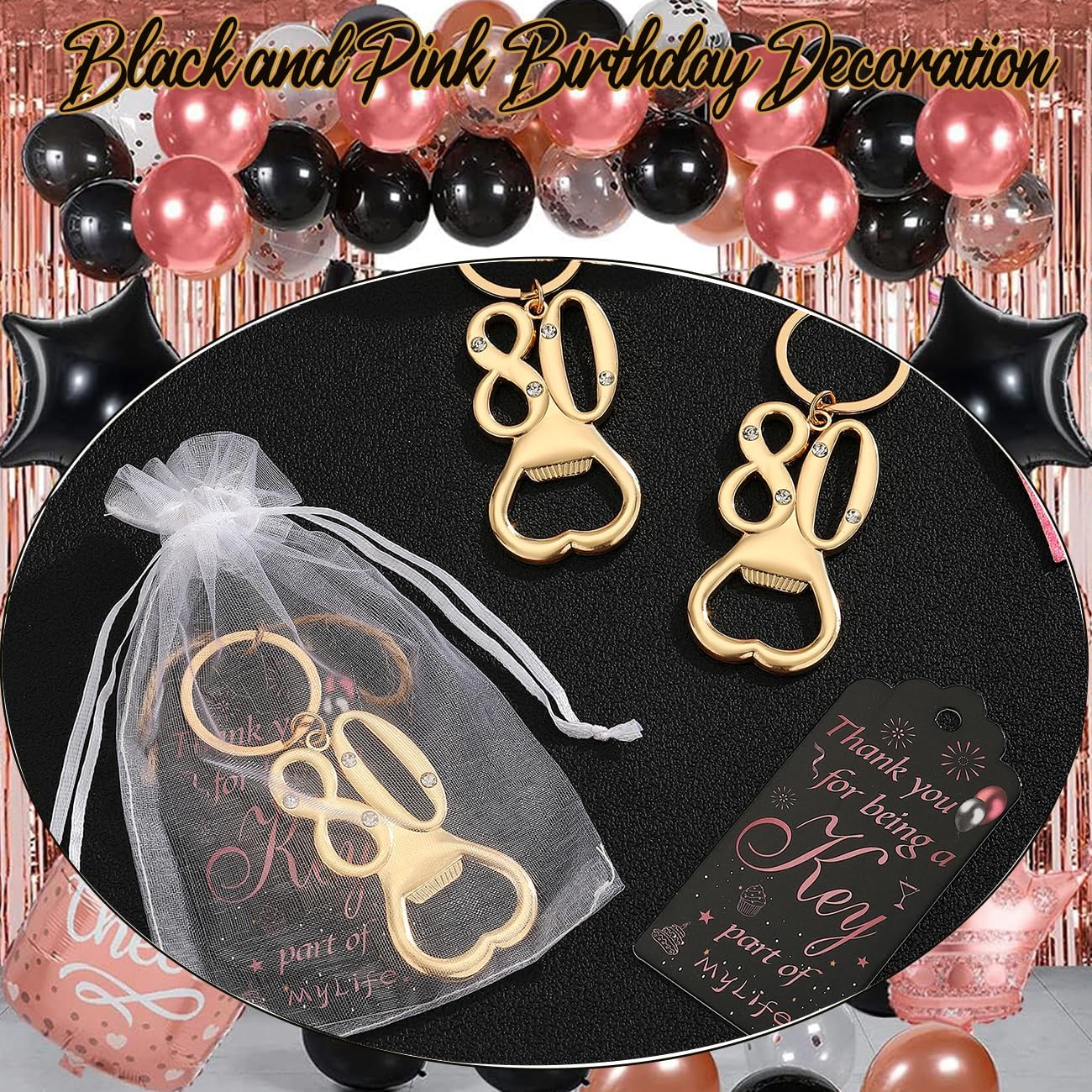 12pcs 80th Gold Keychain Bottle Opener 80th Birthday Party Favors, 80 Beer Bottle Opener Favors 80 Anniversary Souvenirs Return Gifts for Guests Party Decor Supplies(Black and Pink Tag, 80)
