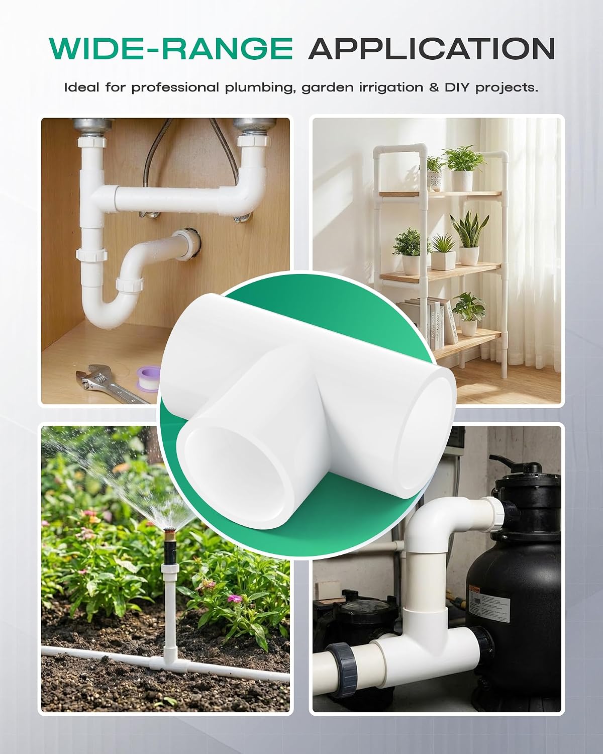 2-Pack 2 Inch PVC Tee Pipe Fittings, 3 Way Socket x Socket, Schedule 40 PVC Pipe Connectors for Plumbing, Irrigation & DIY Projects