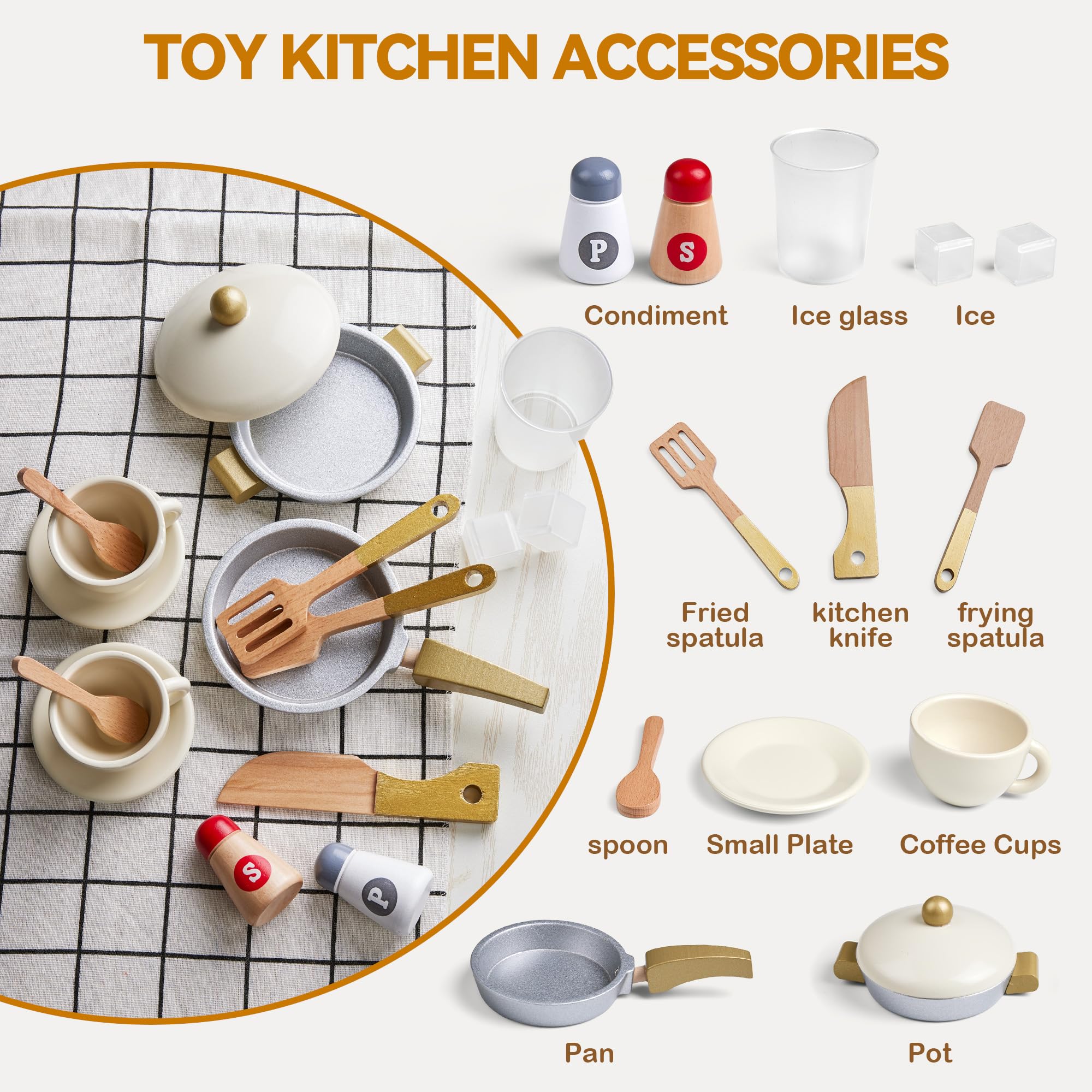 medoga Set di giocattoli da cucina in legno per bambini, giocattolo da cucina con 26 pezzi di cibo e utensili da cucina, regalo per bambina e bambino di 3 anni