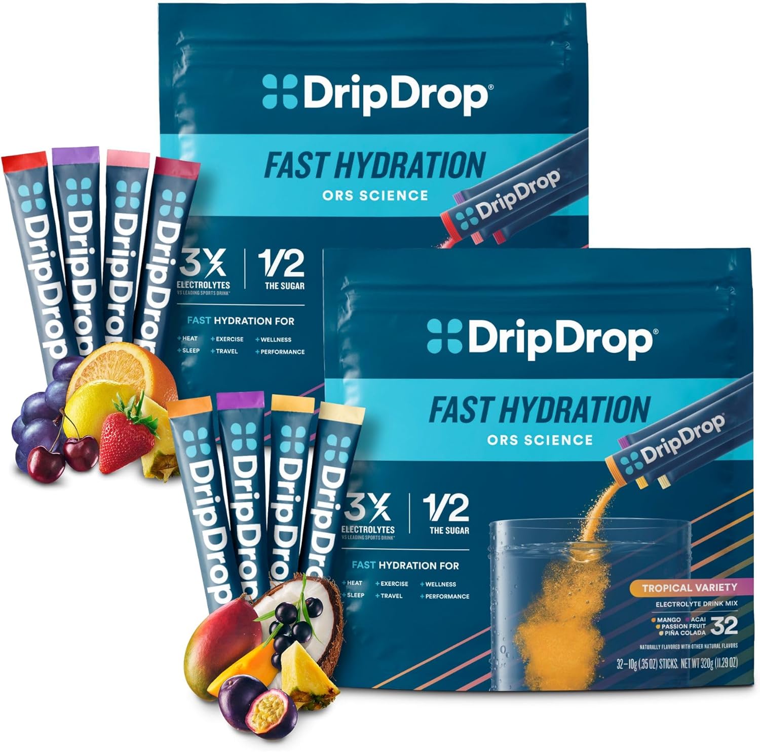 DripDrop Hydration - Electrolyte Powder Packets - Piña Colada, Mango, Açaí, Passion Fruit, Grape, Fruit Punch, Strawberry Lemonade, Cherry - 64 Count