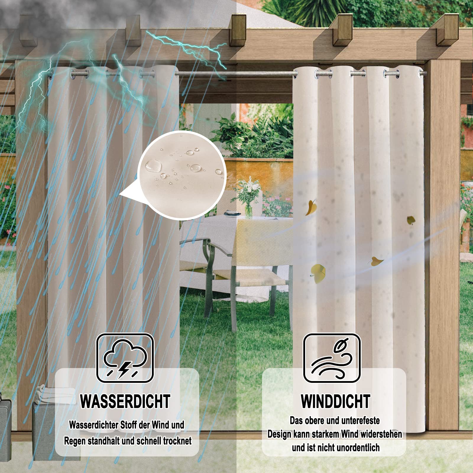 Rideaux D'extérieur, 1 pièce Rideaux dextérieur Imperméables, 24 Couleurs Rideaux Jardin Extérieur Imperméable Isolant Thermique Rideaux, Rideaux dextérieur pour Balcon terrasse, B132xH241CM