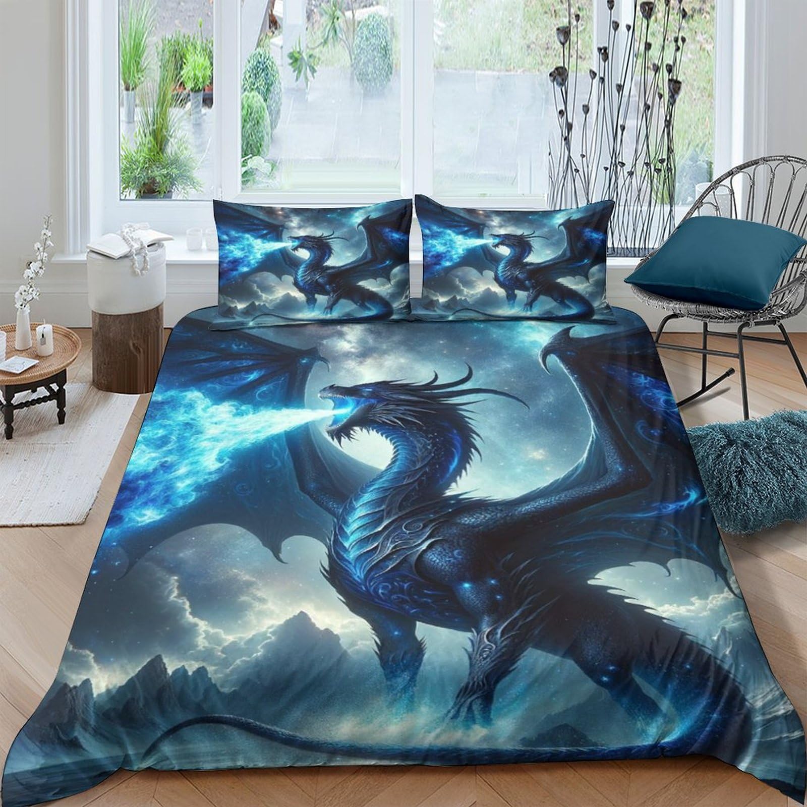 QPIRINMEX Flying Dragon Bedding Duvet Cover Set Soft Microfiber Kids Boys Girls Aldult Bedding Set 3d Printe Quilt Cover Set with Zipper Closure with Pillwocase Double（200x200cm）