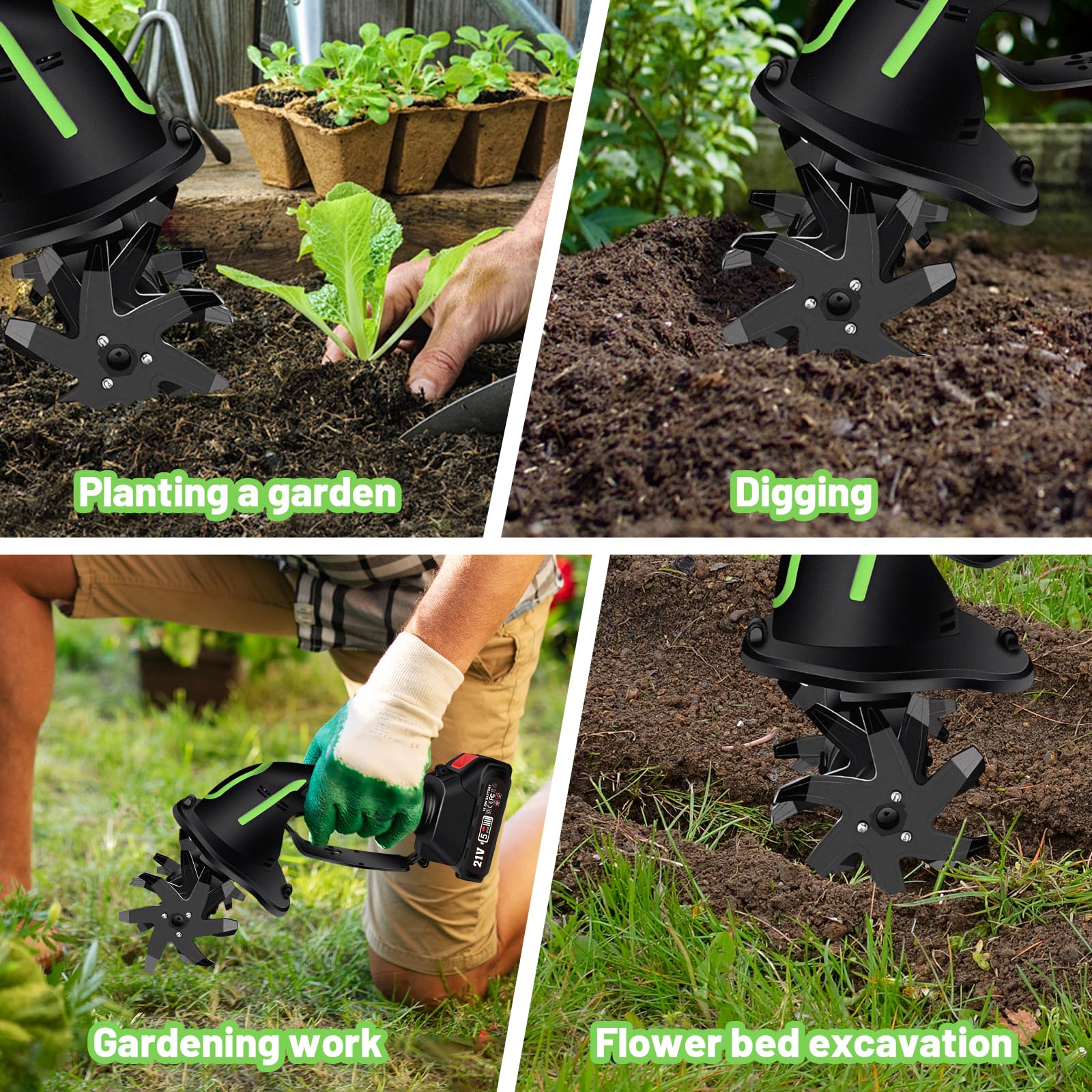 Akku-Bodenhacke Elektrisch mit 2×2000mAh Akku, Mini Gartenfräse Akku, Elektro-Motorhacke, 235 U/min, 65Mn Stahlmesser, Perfekt für Blumenbeete & Gemüsegarten