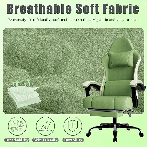 Miniatura 7 de Silla para juegos con respaldo alto de tela para computadora con cojín de resorte con bolsillos y reposapiés, silla de juego con altura ajustable,