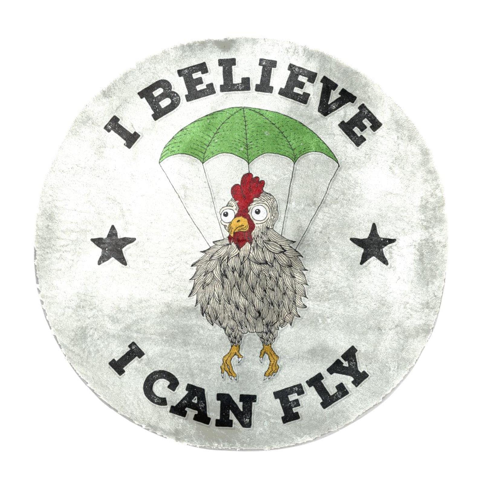 Personalized Fluffy Area Rugs Plush Circle Floor Carpet Mat Funny Chicken I Belive I Can Fly Faux Fur Area Rug