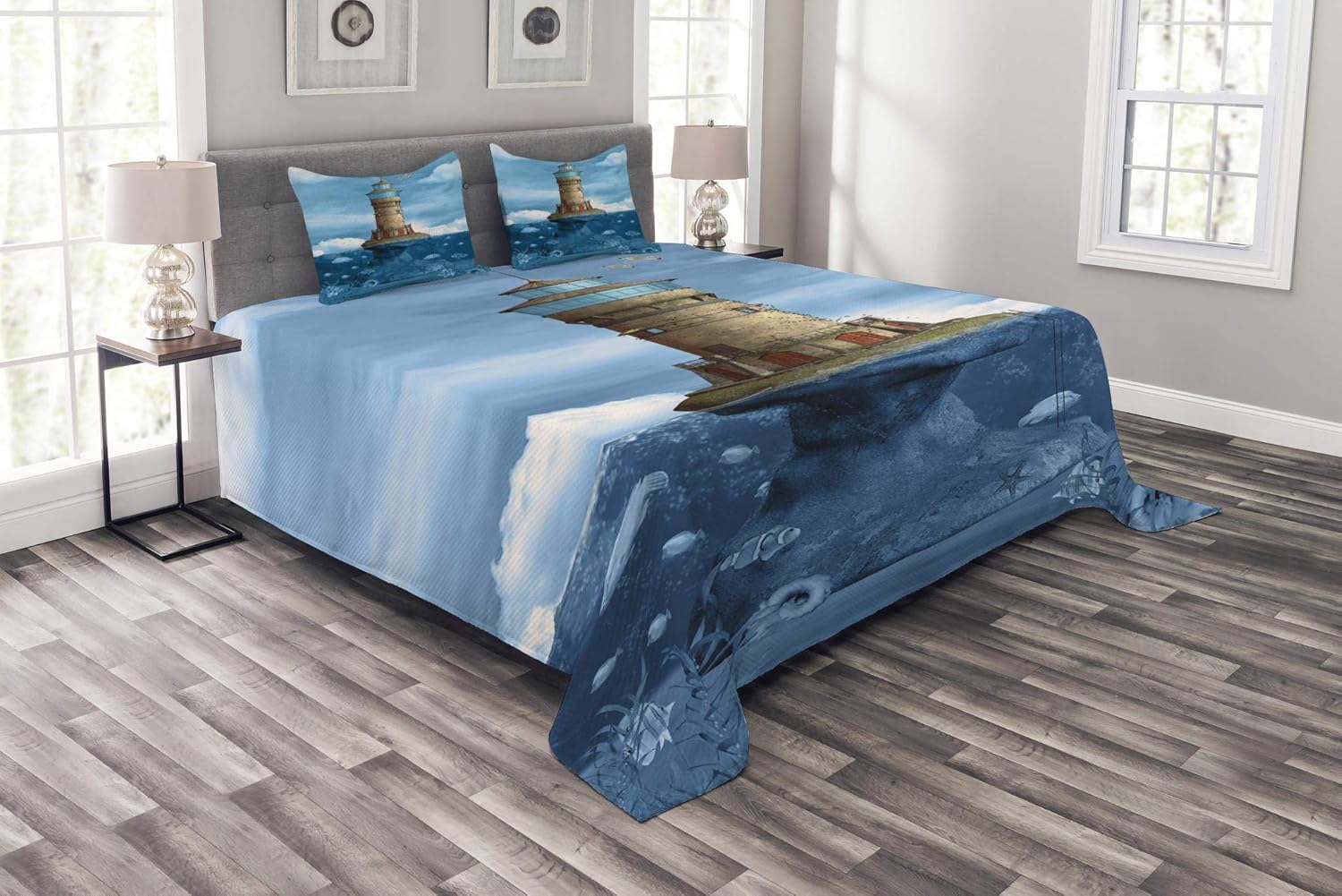 Lunarable Lighthouse Bedspread, Lighthouse Seagulls Birds