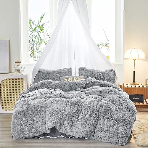 Miniatura 4 de Juego de edredón lanudo de 3 piezas, color gris, tamaño King, juego de edredón de piel sintética de invierno con 2 fundas de almohada, ultra suave y