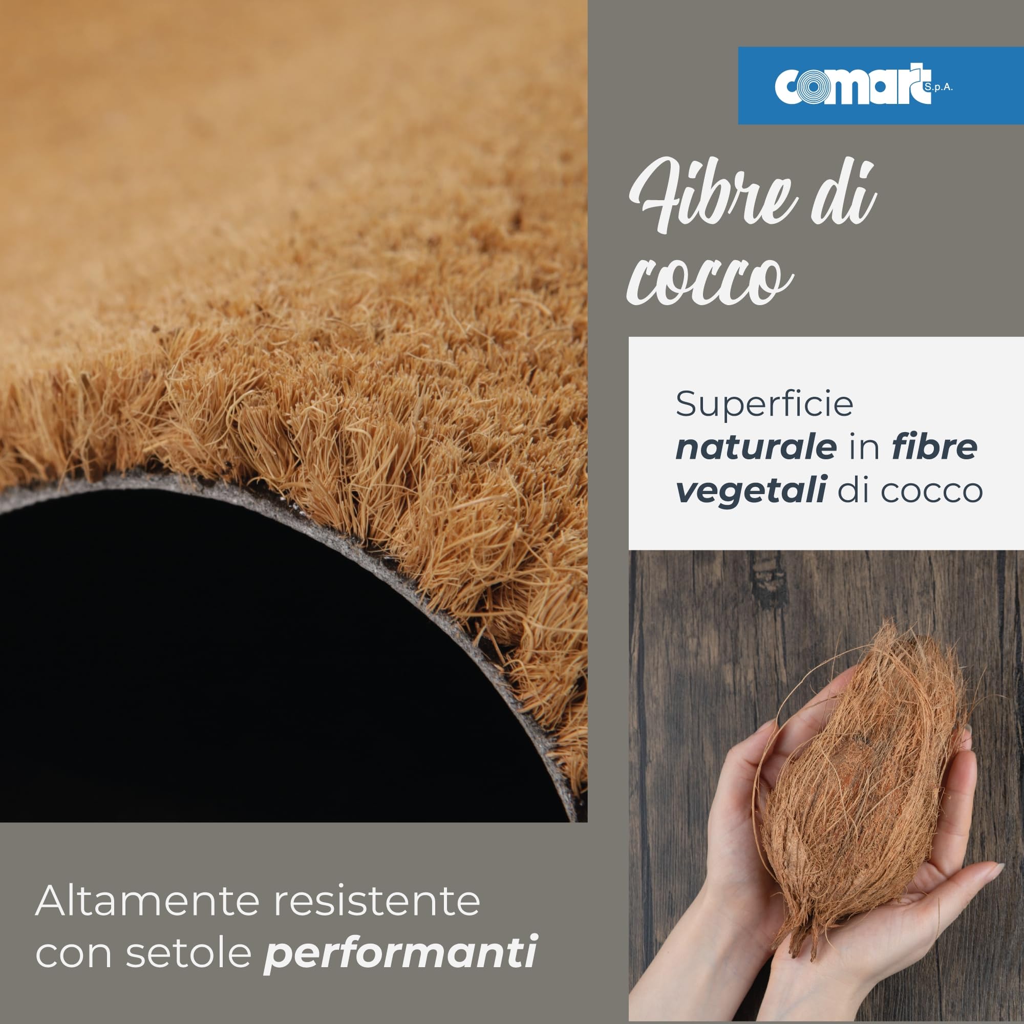 Comart - Zerbino Natural in Cocco - 40x70 cm - Zerbino per Ingresso Esterno e Interno - Fondo in PVC Antiscivolo - Tappeto Fuori Porta - Asciugapassi Facile da Pulire e Resistente - Rettangolare