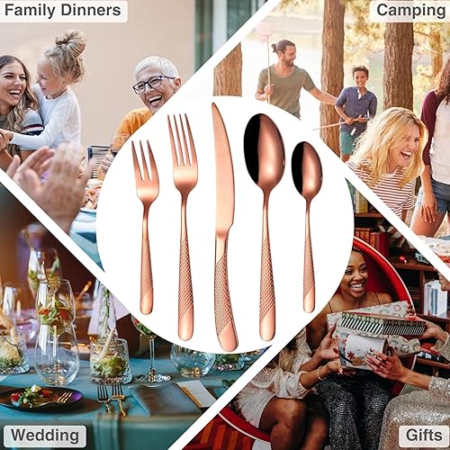 Miniatura 6 de Vilihkc Juego de cubiertos de cobre martillado, juego de utensilios de cubiertos de acero inoxidable Servicio para 4, cucharas y tenedores de oro