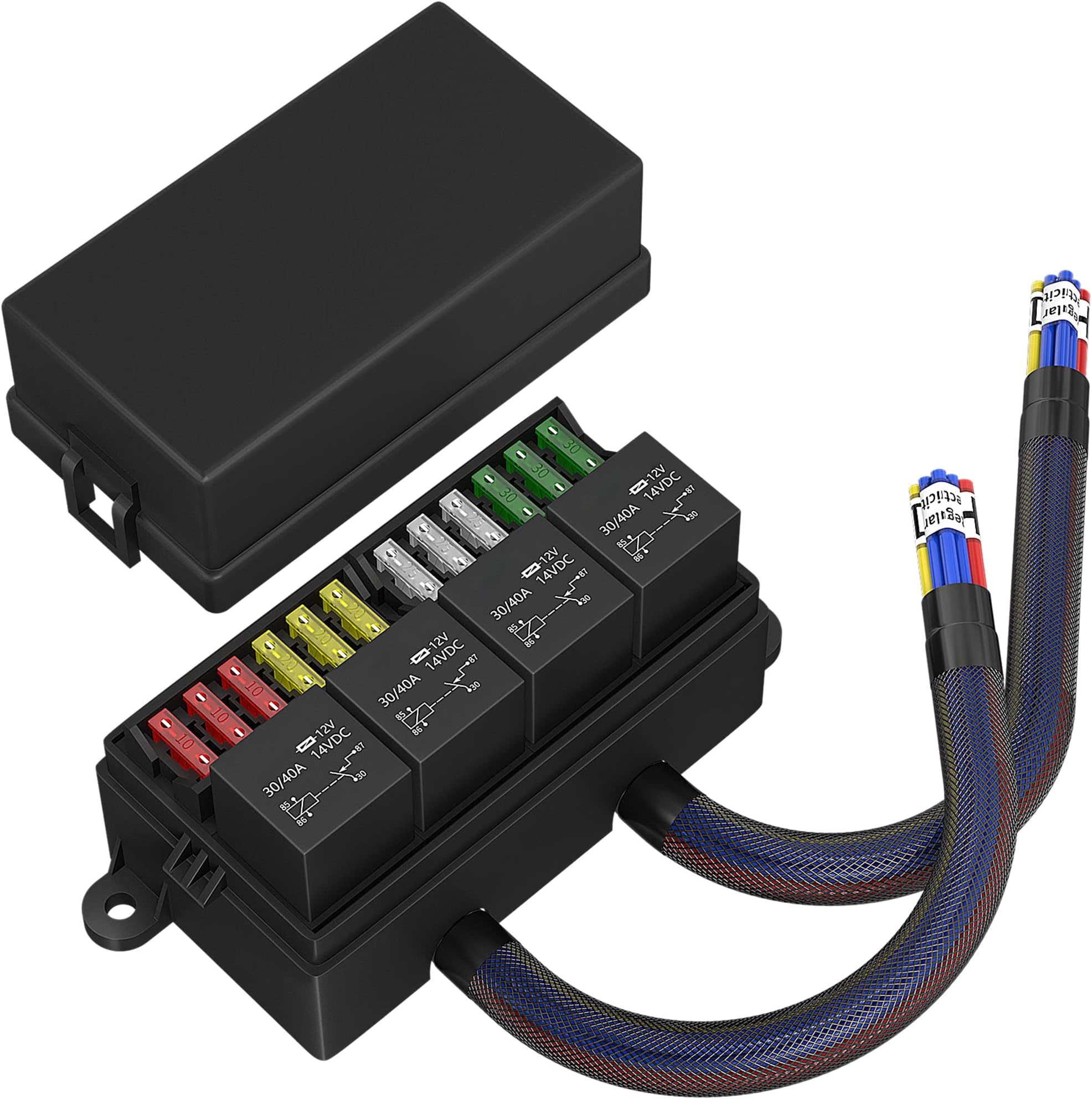 RVBOATPAT 12 Volt Fuse Relay Box Pre-Wired Fuse and Relay Box with 4 Relays and 12 Way ATC/ATO Fuses Sealed 12V Relay Fuse Box Block for Auto Car Marine Boat