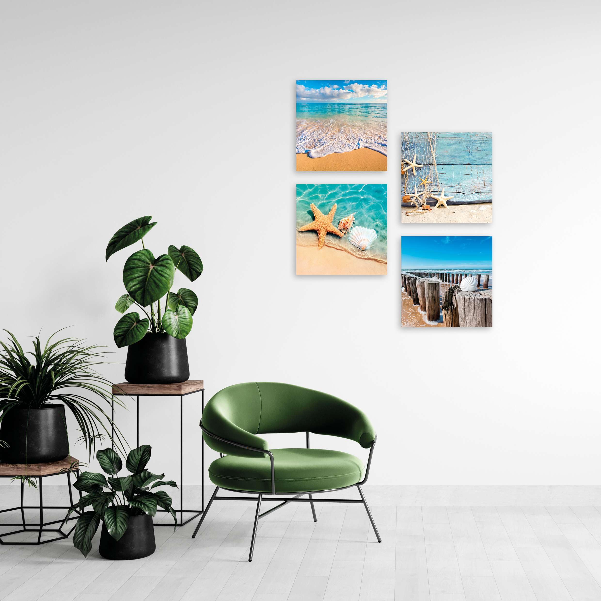 LuxHomeDecor Set di 4 Quadri 30x30 cm - Stampa su Tela con Telaio in Legno - Mare e Spiaggia con Conchiglie, Stelle Marine e Paesaggi Marini Rilassanti