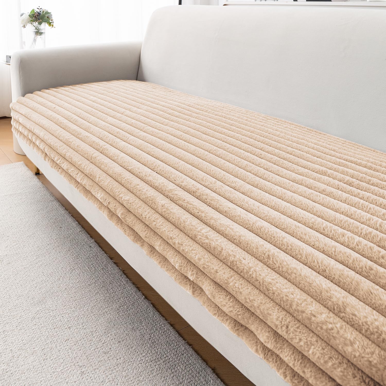 HOKIPO Snuggle Fur Sofa Cover Mat 3 Seater 170 cm, Sand Brown | Ribbed faux rabbit fur, silicone anti-slip dots, machine washable. Buy 1 or more to cover any 1-5 seater or L-shape sofa.