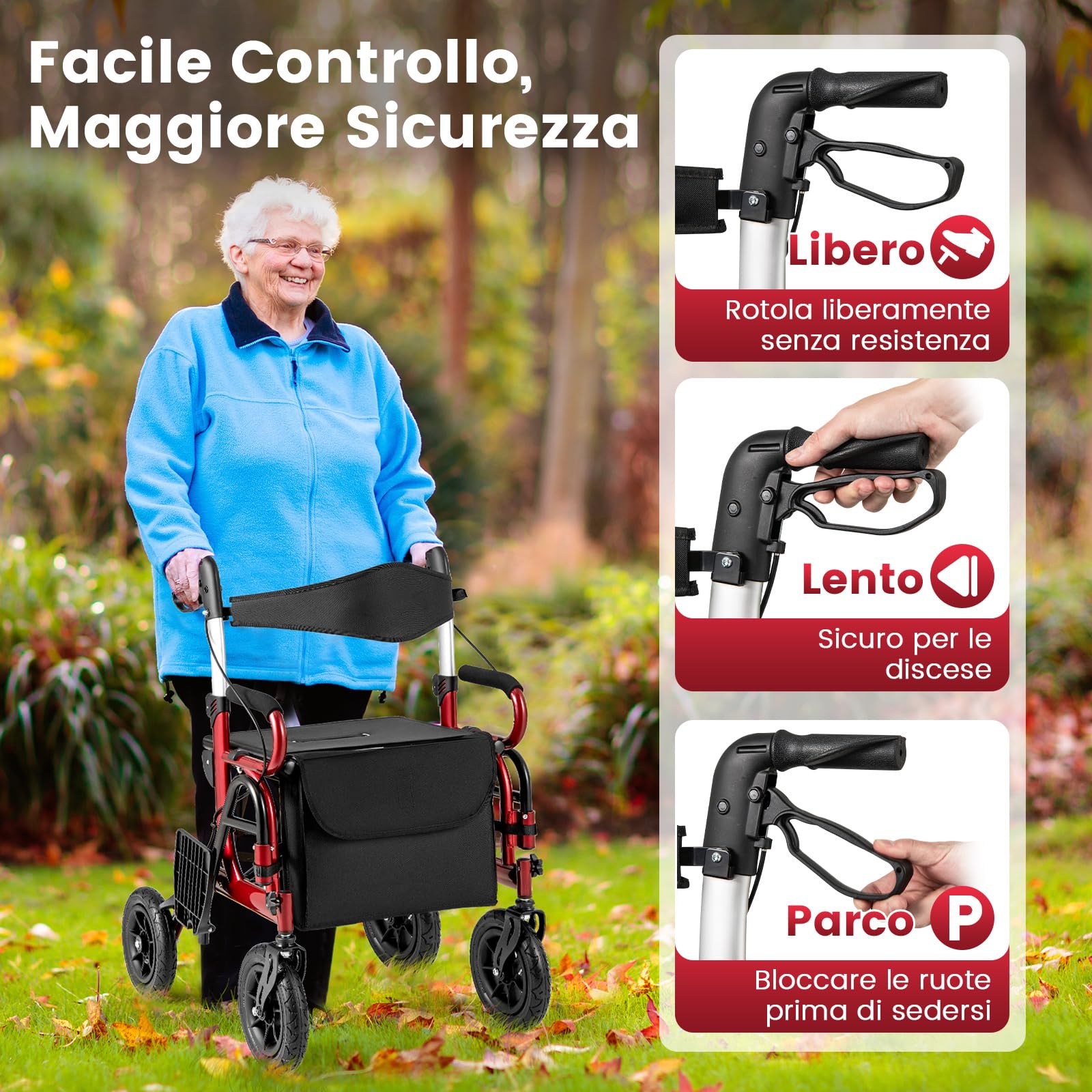 RELAX4LIFE 2 in 1 Deambulatore per Anziani, Sedia a Rotelle, Deambulatore con Seduta e 4 Ruote, Rollator Pieghevole in Alluminio Leggero, Portata Massima 140KG (Rosso, 74 x 64 x 89-101,5 cm)