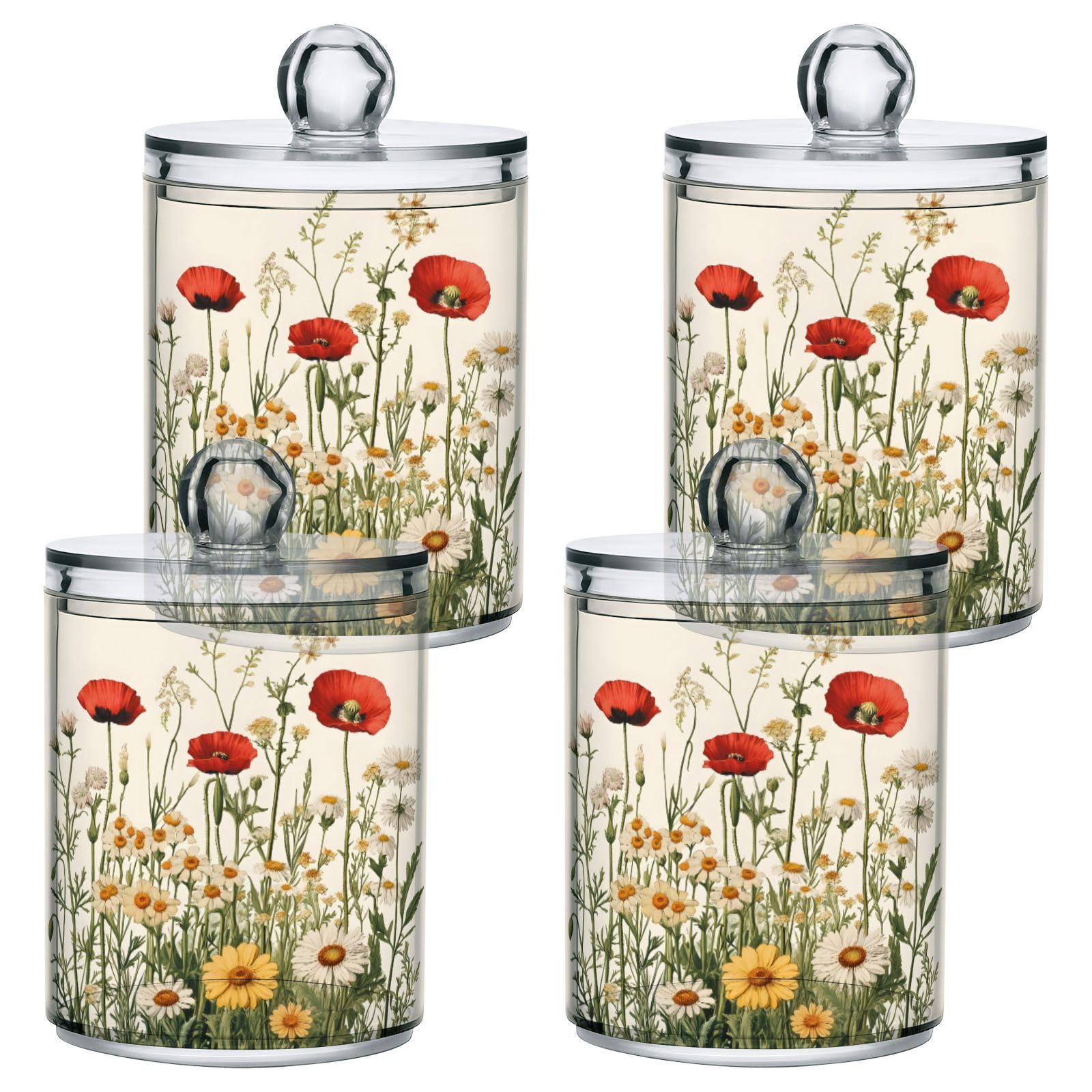 Msyxl 2 Pack Classic Botanical Pattern Apothecary Jars with Lid, Qtip Holder Storage Containers for Cotton Ball, Swabs, Pads, Clear Plastic Canisters for Bathroom Vanity Organization (10 Oz)