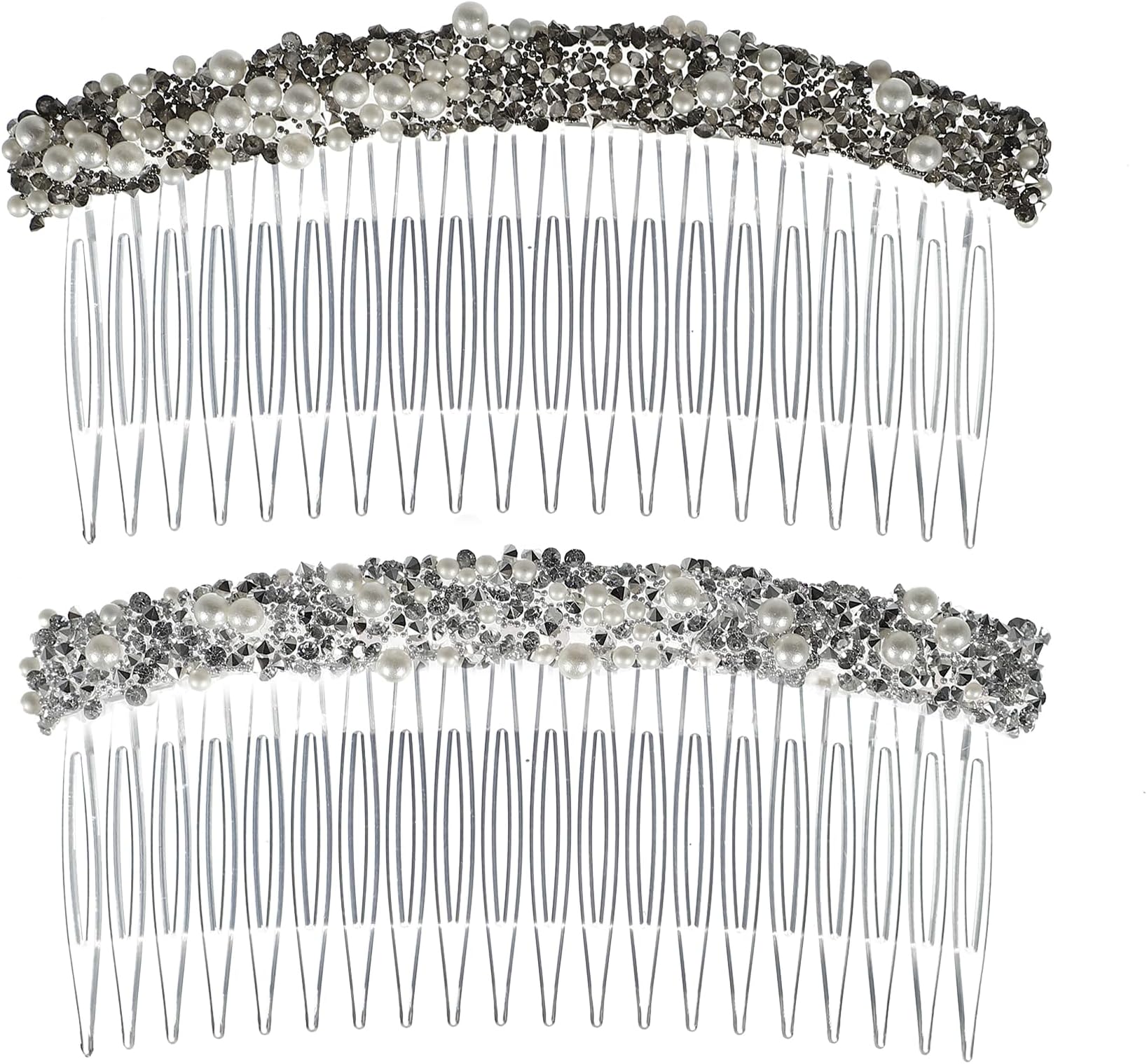2pcs Rhinestone Side Hair Comb, 20 Wide Teeth Side Combs, Faux Pearl Side Hair Comb for Women, Bride Side Comb Accessories, Deep Gray, Silver Tone
