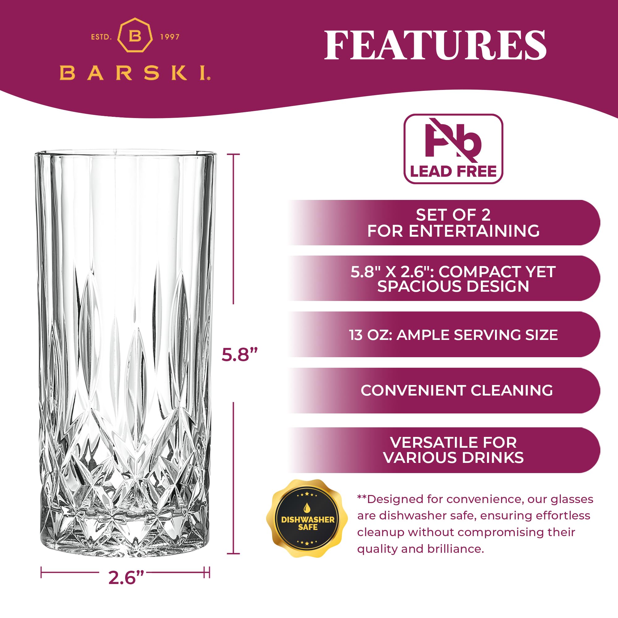 Barski Highball-Glas – Trinkgläser – 2er-Set – Hiball-Becher – Glaskristallbecher – für Wasser, Saft, Bier, gemischte Cocktails, Mojito-Glas, Tom Collins Bar Glaswaren, 370 ml, hergestellt in Europa