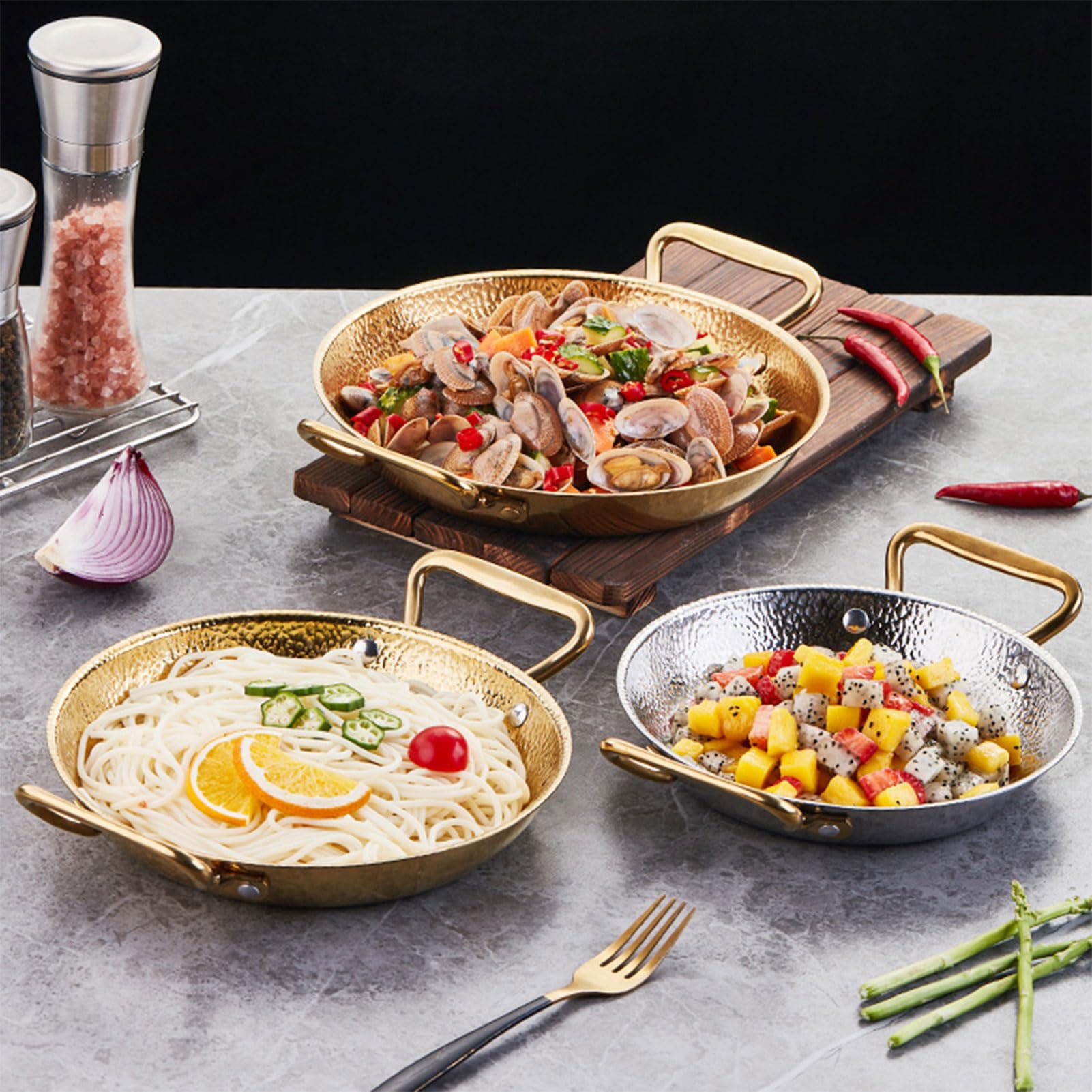 Padella per Paella in Acciaio Inossidabile Piastra in Acciaio Inossidabile con Doppio Manico, Grigliata di Frutti di Mare Padelle Antiaderenti per Il Campeggio E La Casa di Raccolta,d'oro,22cm