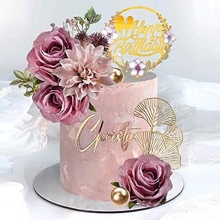 Flower Cake Toppers Happy Birthday Cake Toppers with Artificial Purple R...