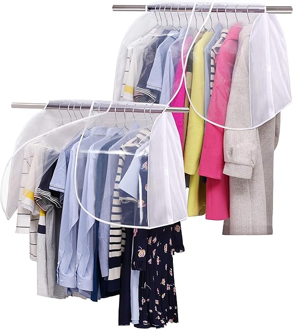 MISSLO Garment Rack with Cover for Clothes Hanging Wardrobe Storage with Clear PVC Windows Hanging Rail Cover Dustproof Coats Suits Jackets Shoulder Protectors, 2 Pack, White