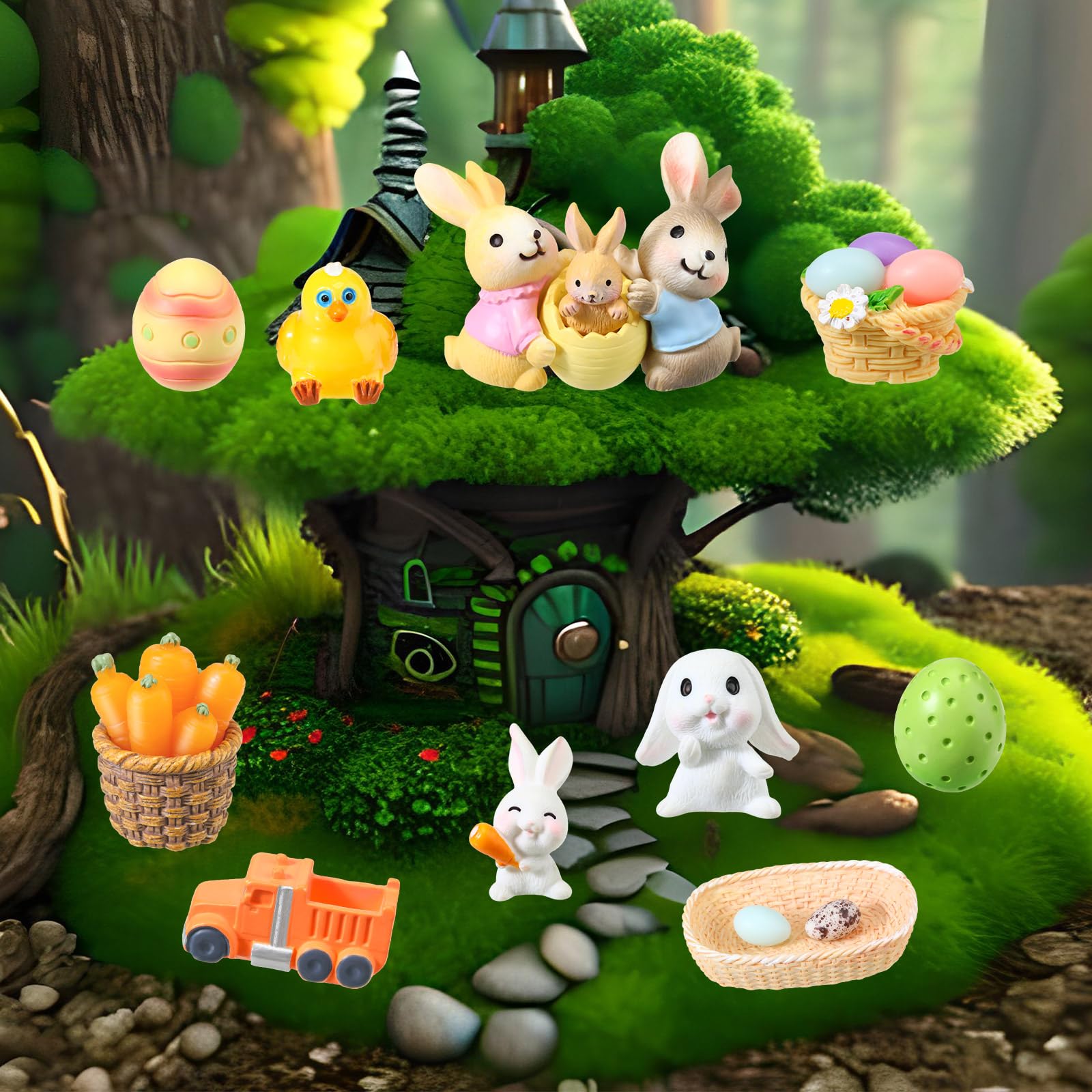 Civaner 15 Pcs Easter Decorations Bunny Figurines Decor Mini Resin Eggs Rabbits Decor Animals Mini for Easter Table Living Room Home Tank Decor Party