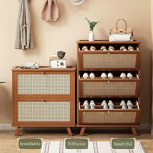 Miniatura 7 de Zapatero oculto para entrada, delgado, cajón abatible de 123, armario de zapatos de ratán, organizador de zapatos de madera independiente, armario