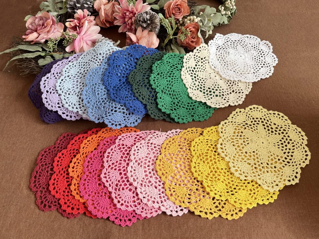 18Pcs 8 Inch Doilies Crochet Round Lace Doily Handmade Placemats 100% Cotton Crocheted Coasters Pack of 18 Colorful