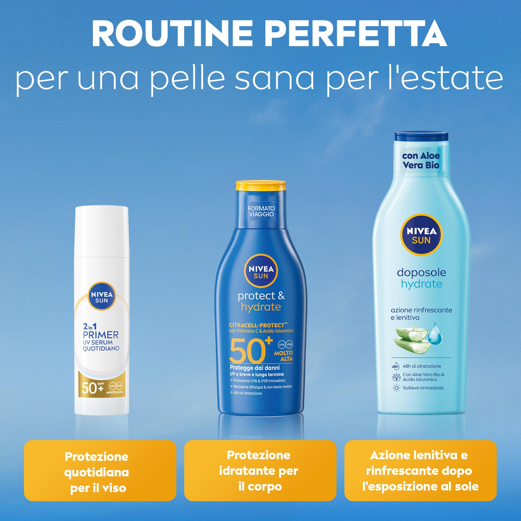 NIVEA SUN Protect & Hydrate SPF 50+ Formato Viaggio 100 ml, Crema solare 50+ idratante 48h ad assorbimento rapido, Protezione solare 50+ resistente all'acqua con Vitamina C e Acido Ialuronico