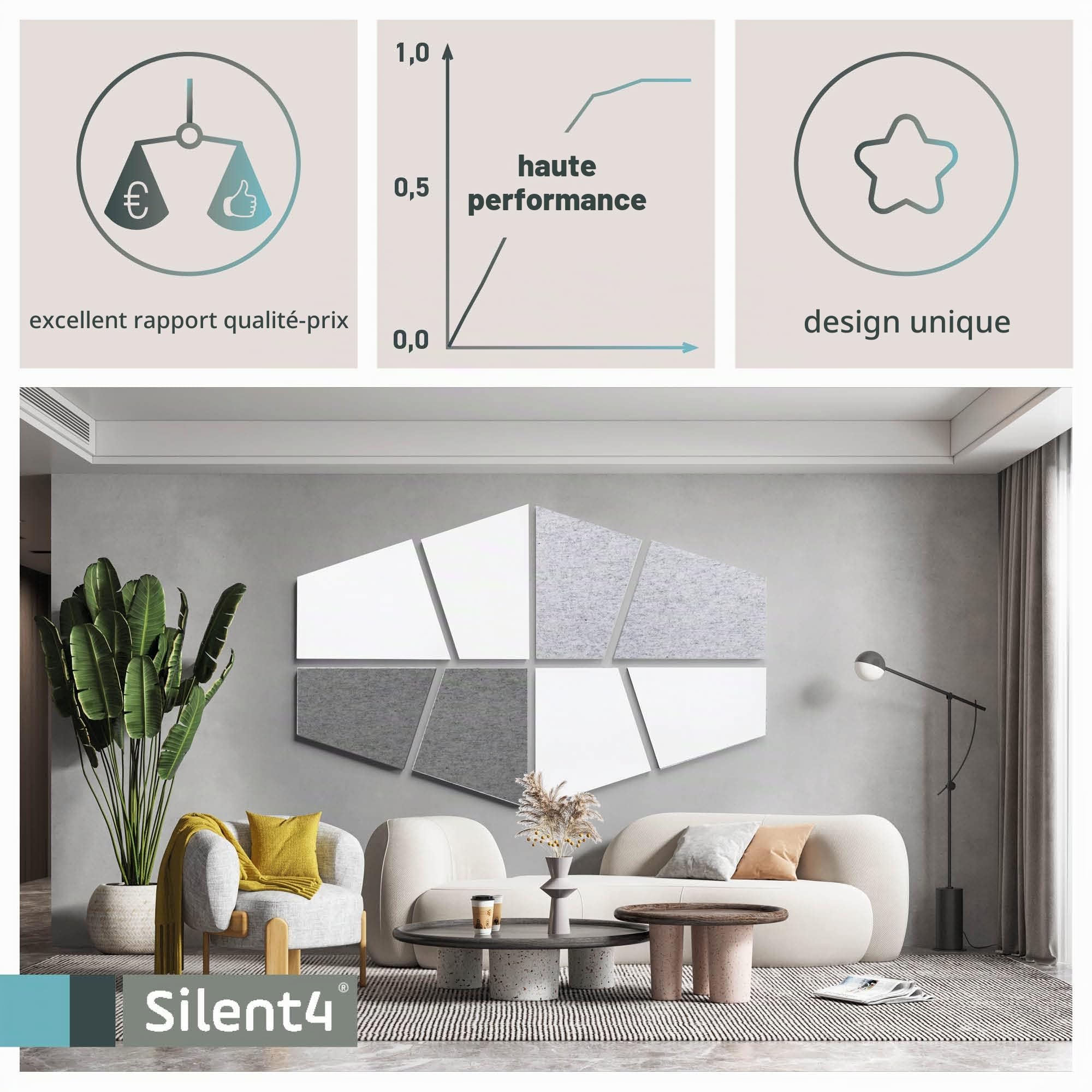 SILENT4® Kit de 8 panneaux acoustiques mural, DIVID, montage collé, blanc gris, voile acoustique