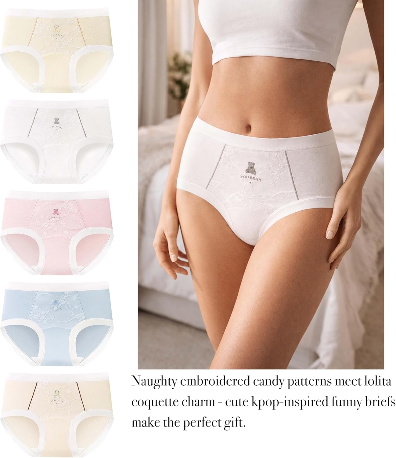 Cute Cartoon Cotton Womens Underwear for Women 5 Packs Panties Kawaii Floral Bear Lace Flowers