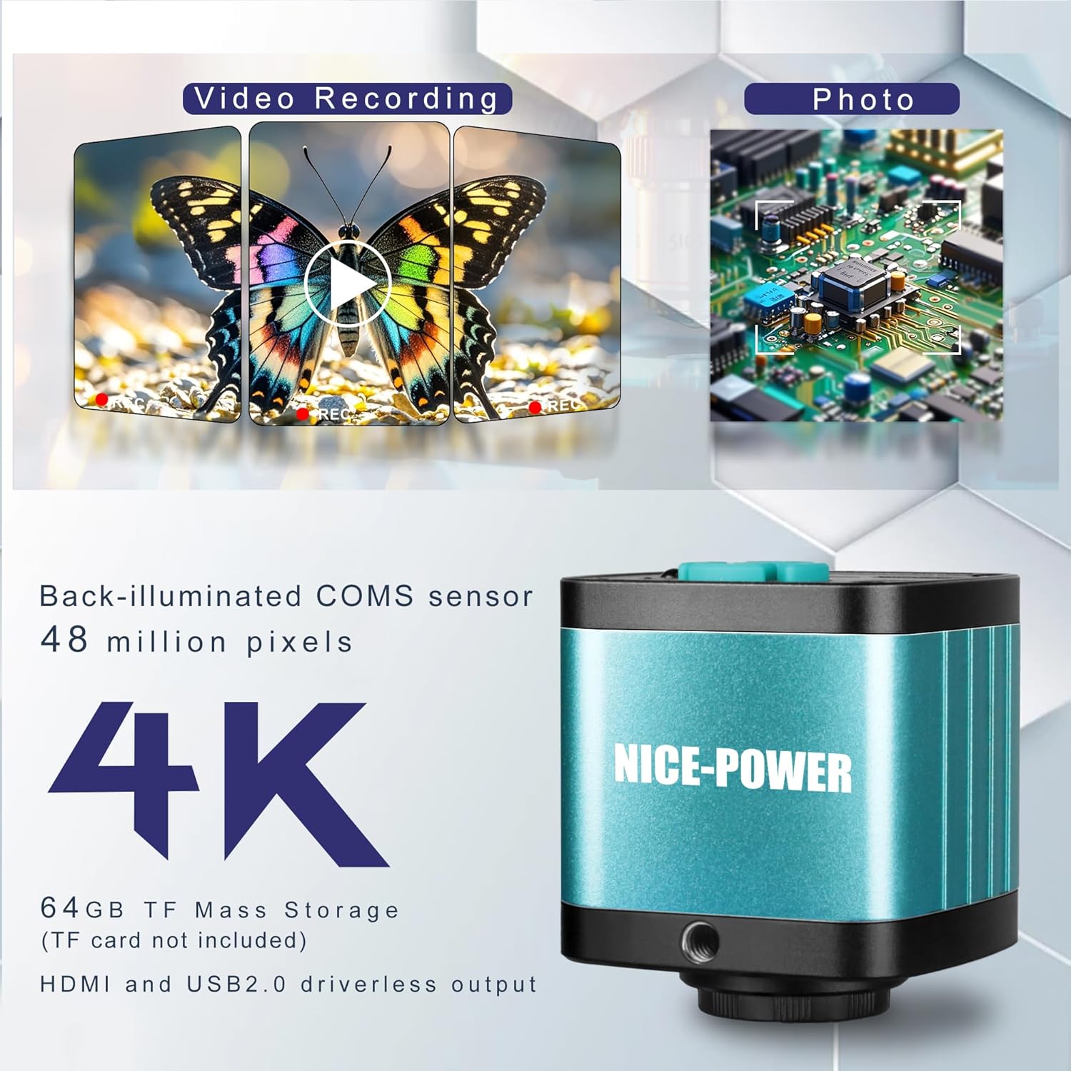 NICE-POWER Digital Microscope with Metal Base, 48MP 1080P HDMI/USB Industrial Magnifier, 150X Ultra-Precise Focusing Lens, LED Ring Light, Microscopes for Observation/Soldering/Electronic Repairs