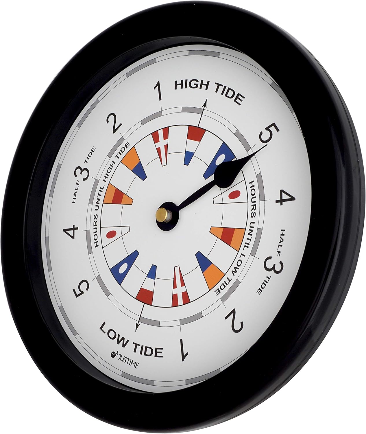 JUSTIME 8.5 Inch Atlantic Tide Clock for East Coast, High Tide Low Tide Clock with Plastic Water Resistant Case, Colorful Graphics Designed Home Wall Décor(TT020-Flag Black)