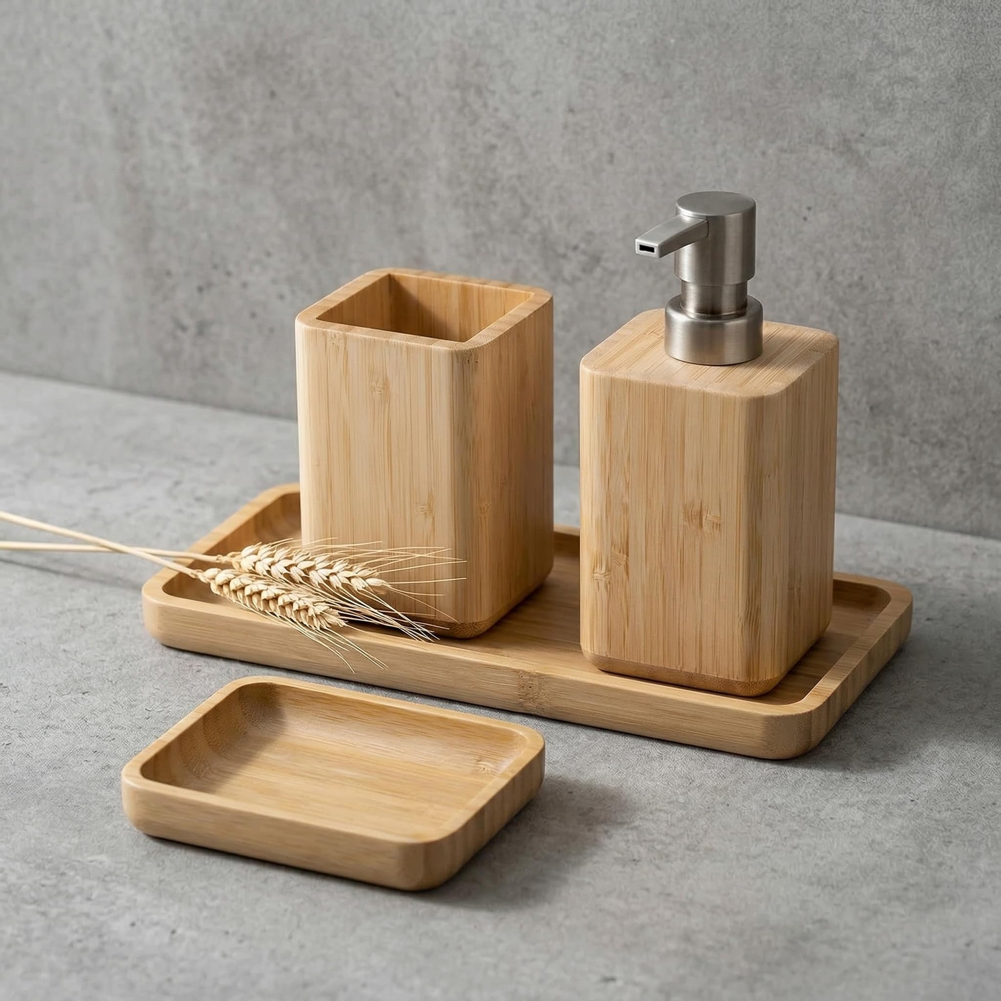 Set di accessori da bagno in bambù naturale con dispenser di sapone, portaspazzolino e portasapone e vassoio, realizzato a mano, design impermeabile