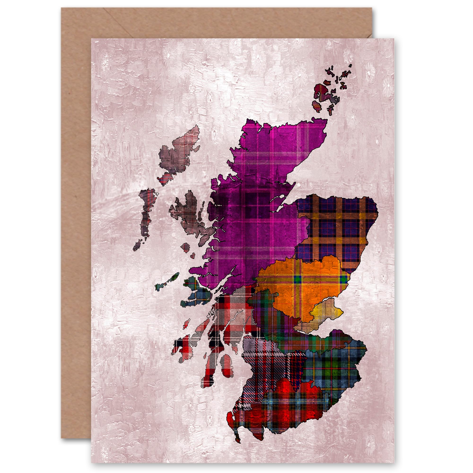 Artery8 Colourful Scotland Clan Tartan Map for Him or Her Man Woman for All Occasions Blank Art Greeting Card