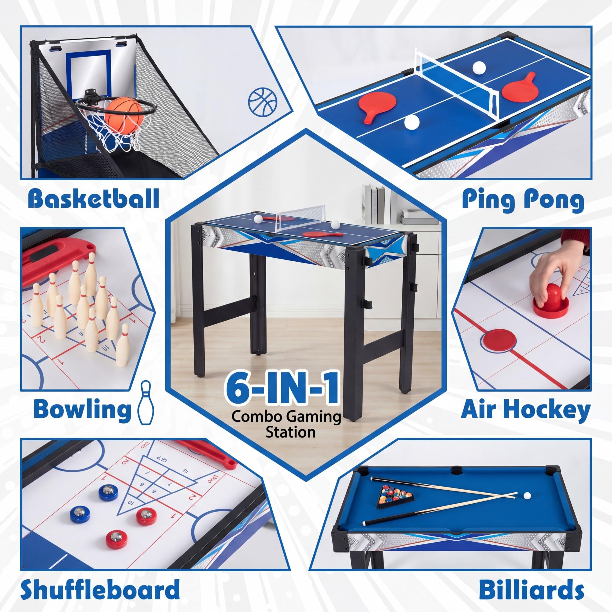 GOPLUS 6 en 1 Table Multi-Jeux avec Basketball, Billard, Hockey, Ping-Pong, Bowling, Palets, Table de Jeu en Bois Empilable Gain de Place avec Accessoires, Jouet d'arcade pour Enfants Adultes