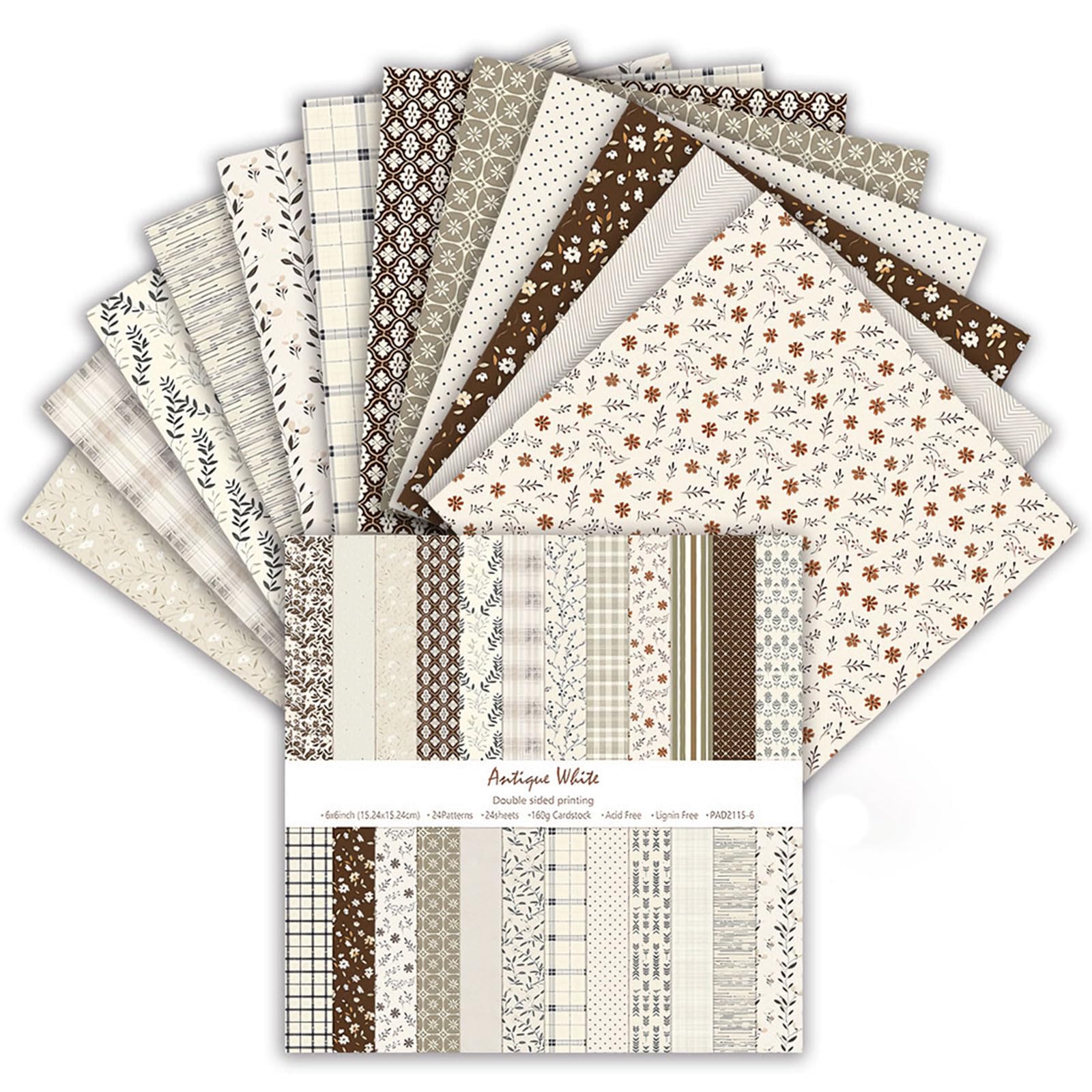24 Sheets Scrapbook Paper, 6 Inch Double-Sided Elegant Patterned Paper, 24 Designs, Scrapbooking Supplies for DIY Photo, Album and Scrapbook Decoration (Beige and Brown, 15.2x15.2cm)