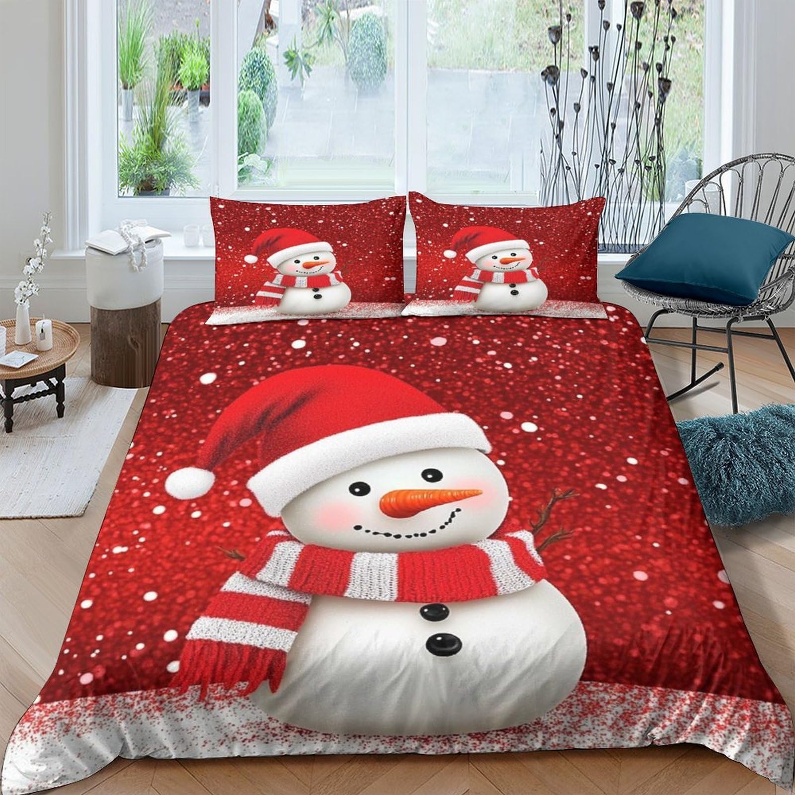 XFKLYNVCJ 3D Printed Christmas snowman Bedding Cover Microfiber festive holiday design Comforter Cover Hypoallergenic Fade Resistant for Teen Bedroom Young Adults Daily Bedding Use Double（200x200cm）