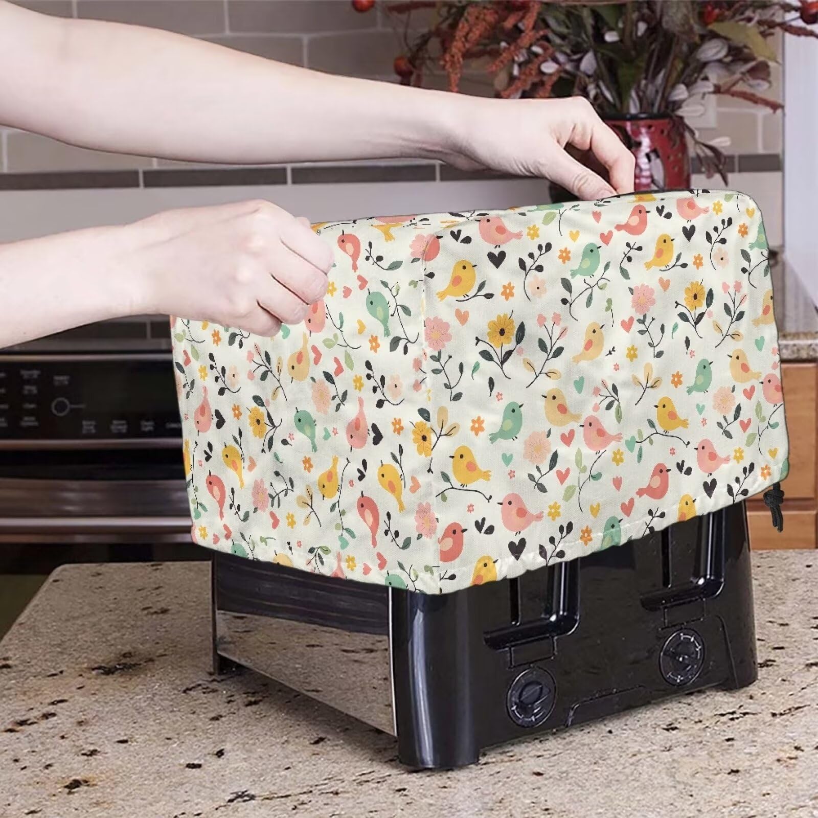 Cubierta de tostadora floral de pájaros 2 rebanadas para hacer pan, cubierta protectora para horno tostadora de cocina, cubierta para electrodomésticos pequeños, cubierta de tostadora 4
