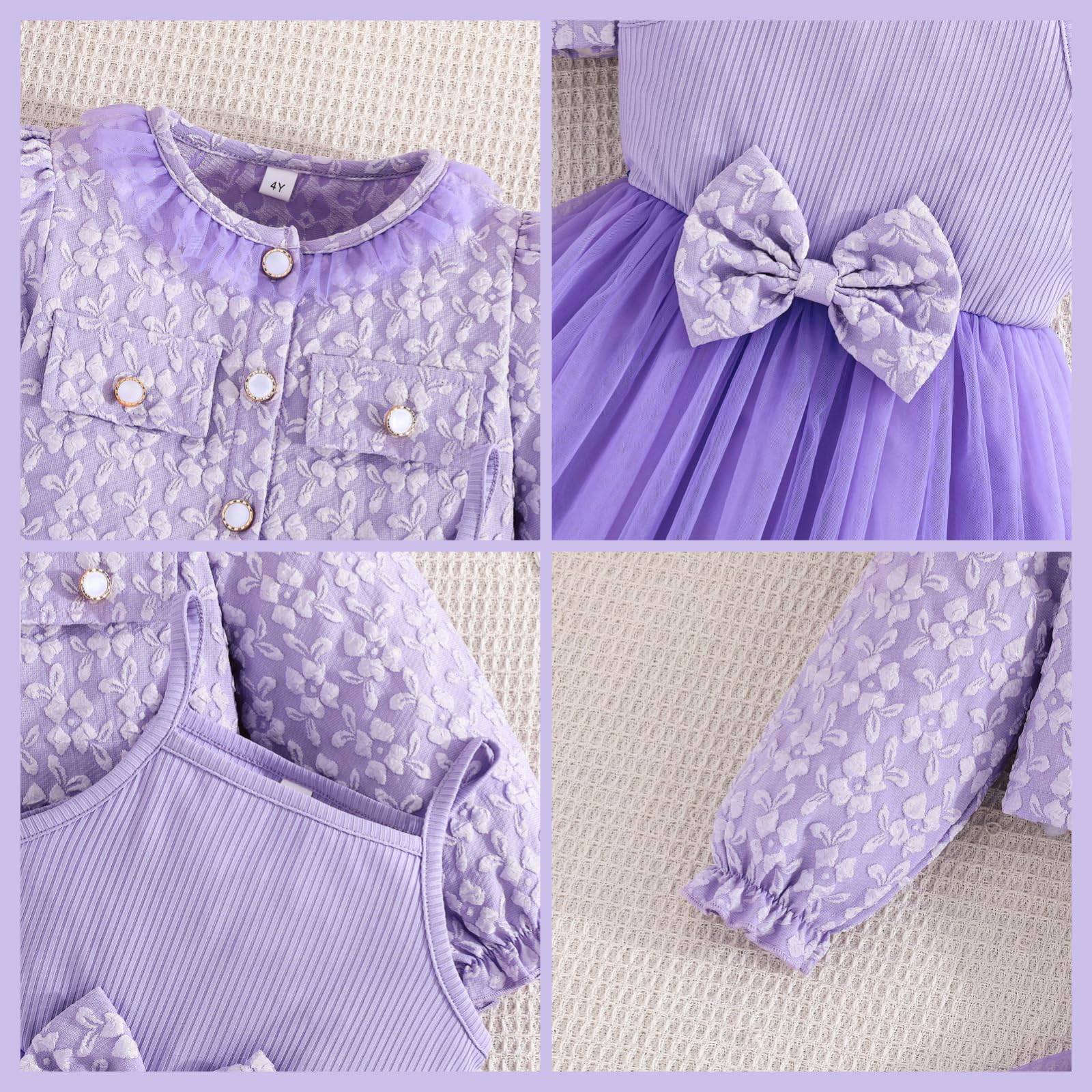 Yanmucy Ragazze Abiti e Cappotto Set 2 Pezzi Textured Stampa Floreale Abiti Manica Lunga Cardigan Neonata Vestiti per 2-8 Anni