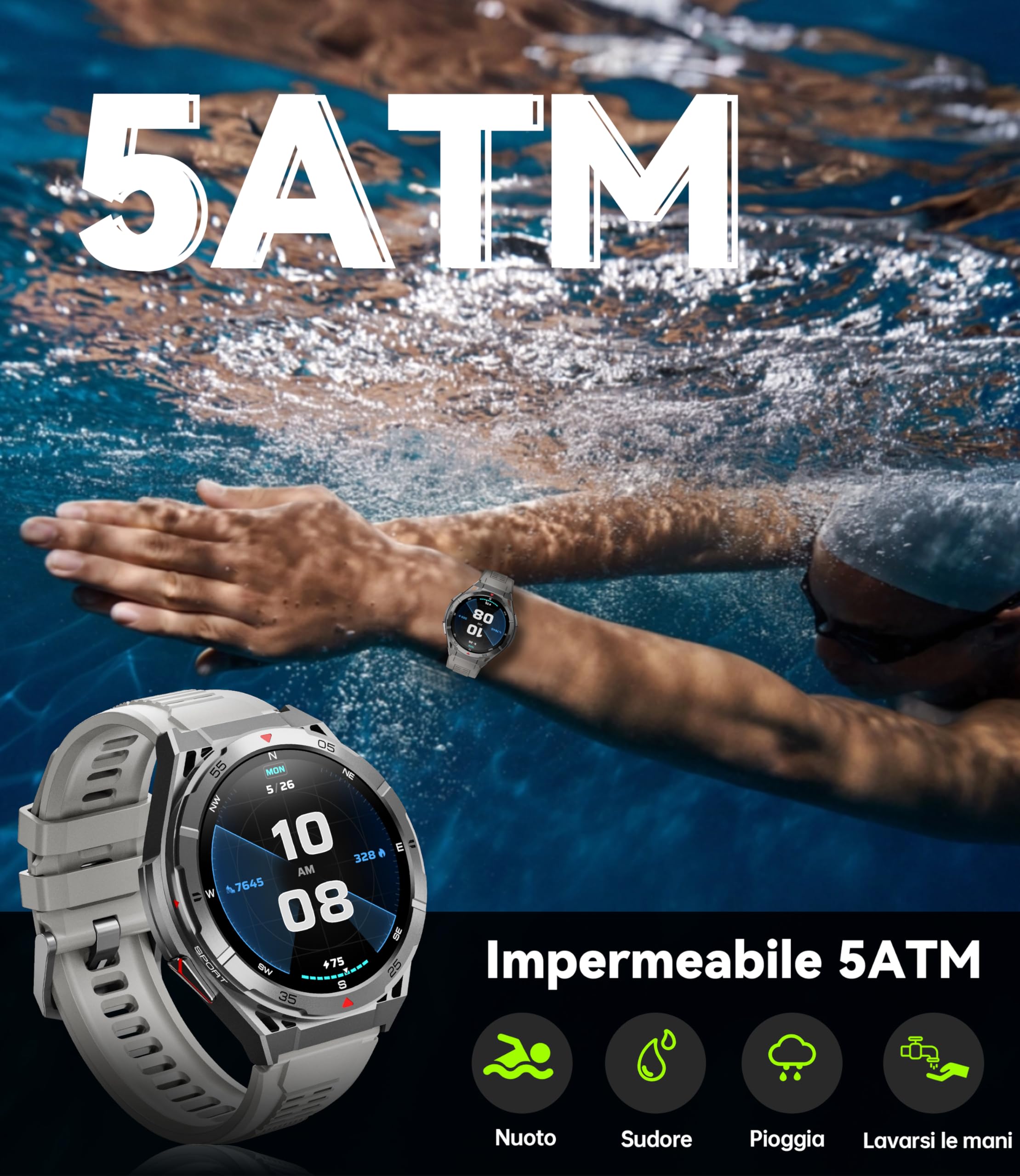 OUKITEL Smartwatch Uomo GPS,Orologio Militare Uomo 1,43" AMOLED Rugged Smart Watch Impermeabile con Chiamate Bluetooth,Altezza/Pressione,24H Monitoraggio,150+ Modalità Sport per Android iOS