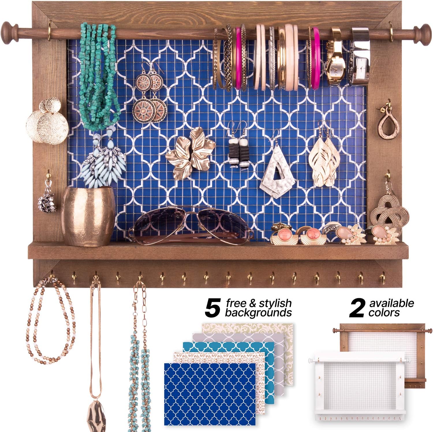 Bdot Hanging Jewelry Organizer Wall Mounted-Rustic Wooden Jewelry Hanger, Bracelet Earring Holder, Wall Necklace Storage Organizer
