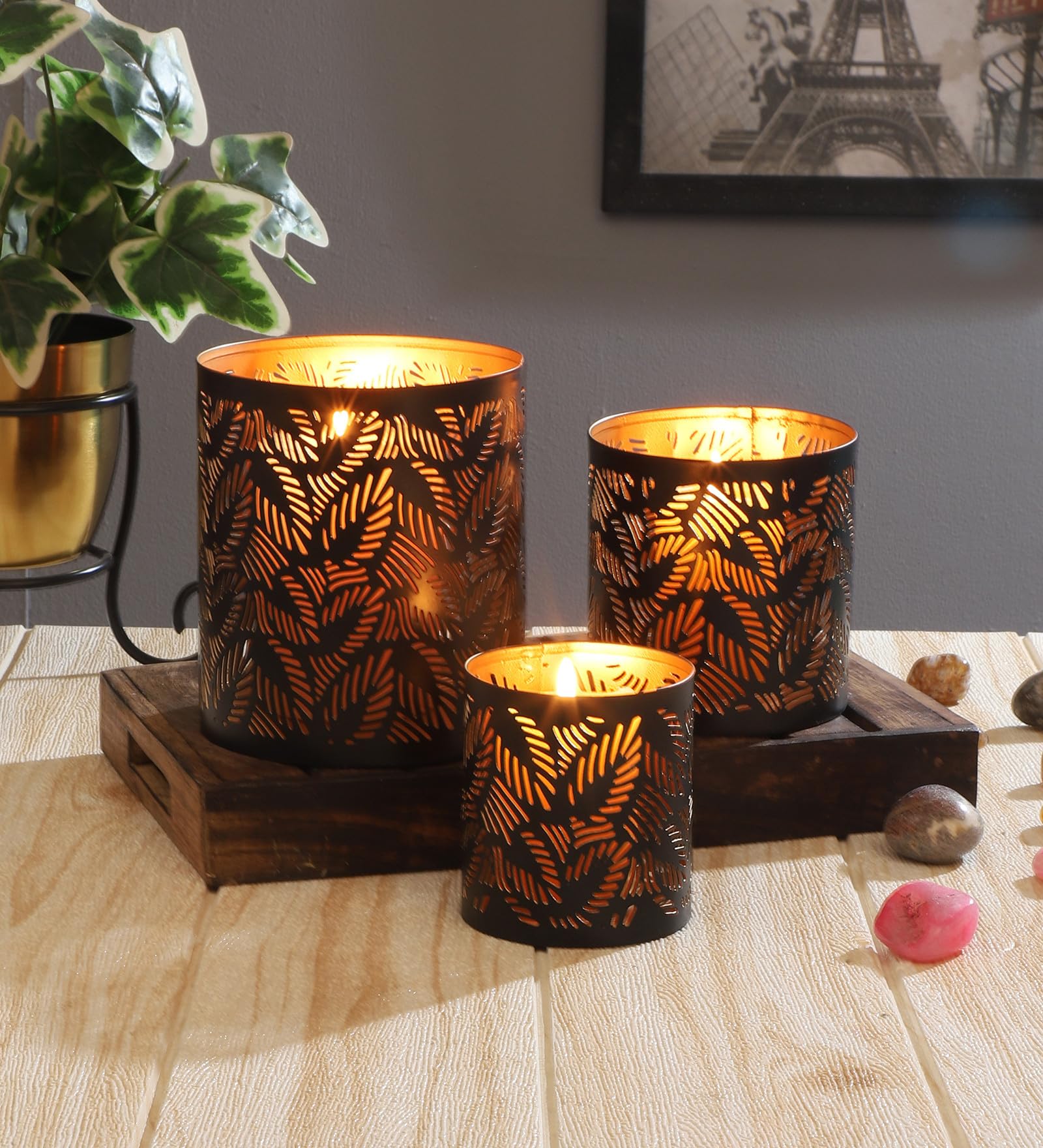MARRAKESCH - Set di 3 portacandele orientali in metallo, 14 cm, colore: Nero /Oro