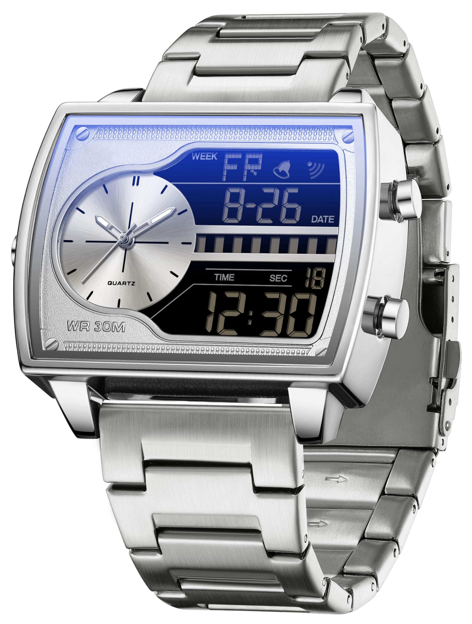 findtime Orologio da uomo rettangolare retrò lussuoso orologio da polso da uomo digitale analogico al quarzo classico business casual tre fuso orario impermeabile illuminato grande quadrante per