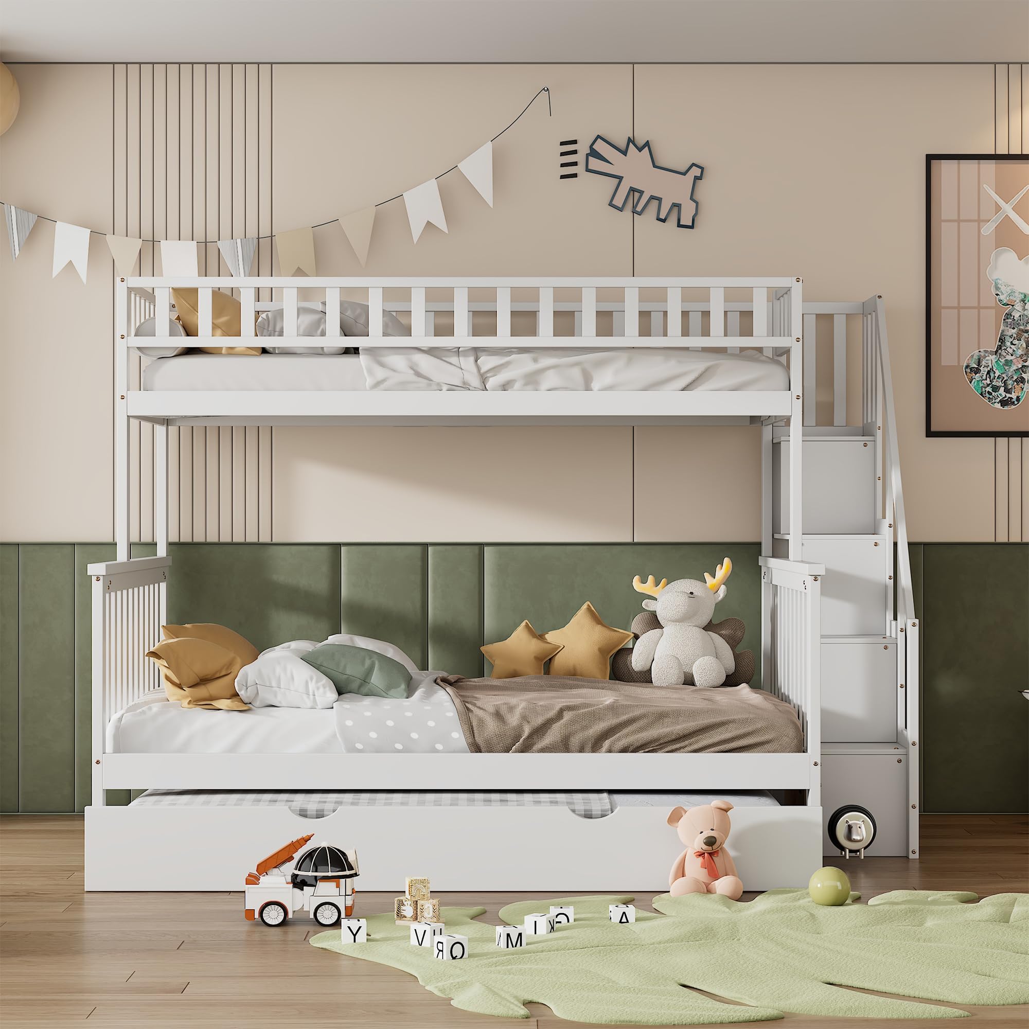 BTM 3FT,4FT6 Bunk Bed with Stairs and Trundle, Solid Pine Wood Frame, Children Bed,90x190cm+135x190cm, White