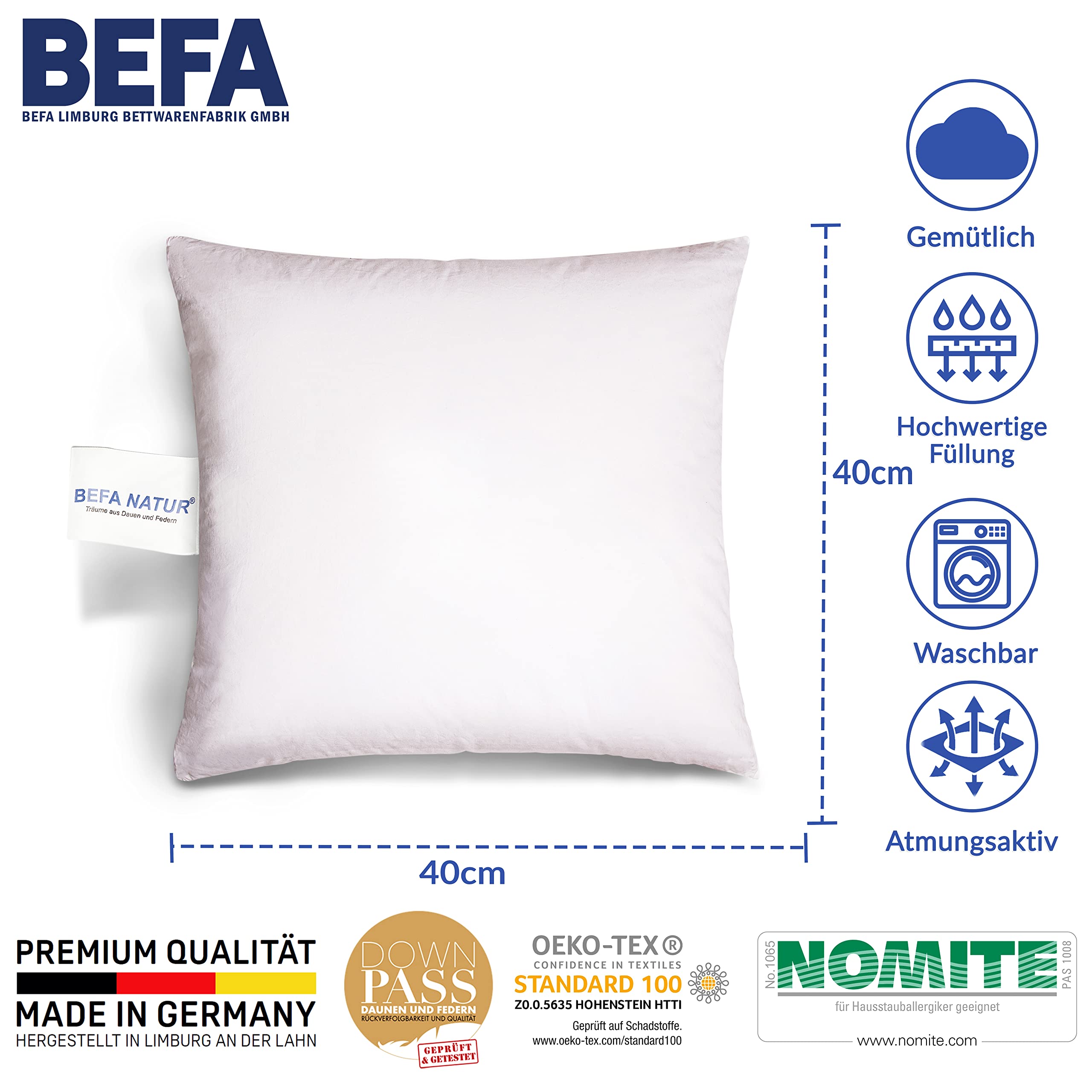 BEFA NATUR Sofakissen 40x40 cm (4 Stück) | Dekokissen, Zierkissen, Kissen aus 100% Federn | 350g Füllgewicht/STK | für Allergiker (NOMITE) | Tierwohl (DOWNPASS) | Oeko-TEX Klasse 1 | Made in Germany