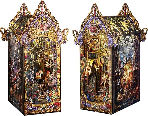 Roroom Kit de rincón de libros para bricolaje, casa de muñecas, estante de libros, decoración de callejón, con caja de música, rompecabezas de