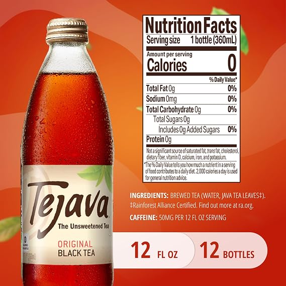 Tejava Original Unsweetened Black Iced Tea, 12 fl oz, Pack of 12