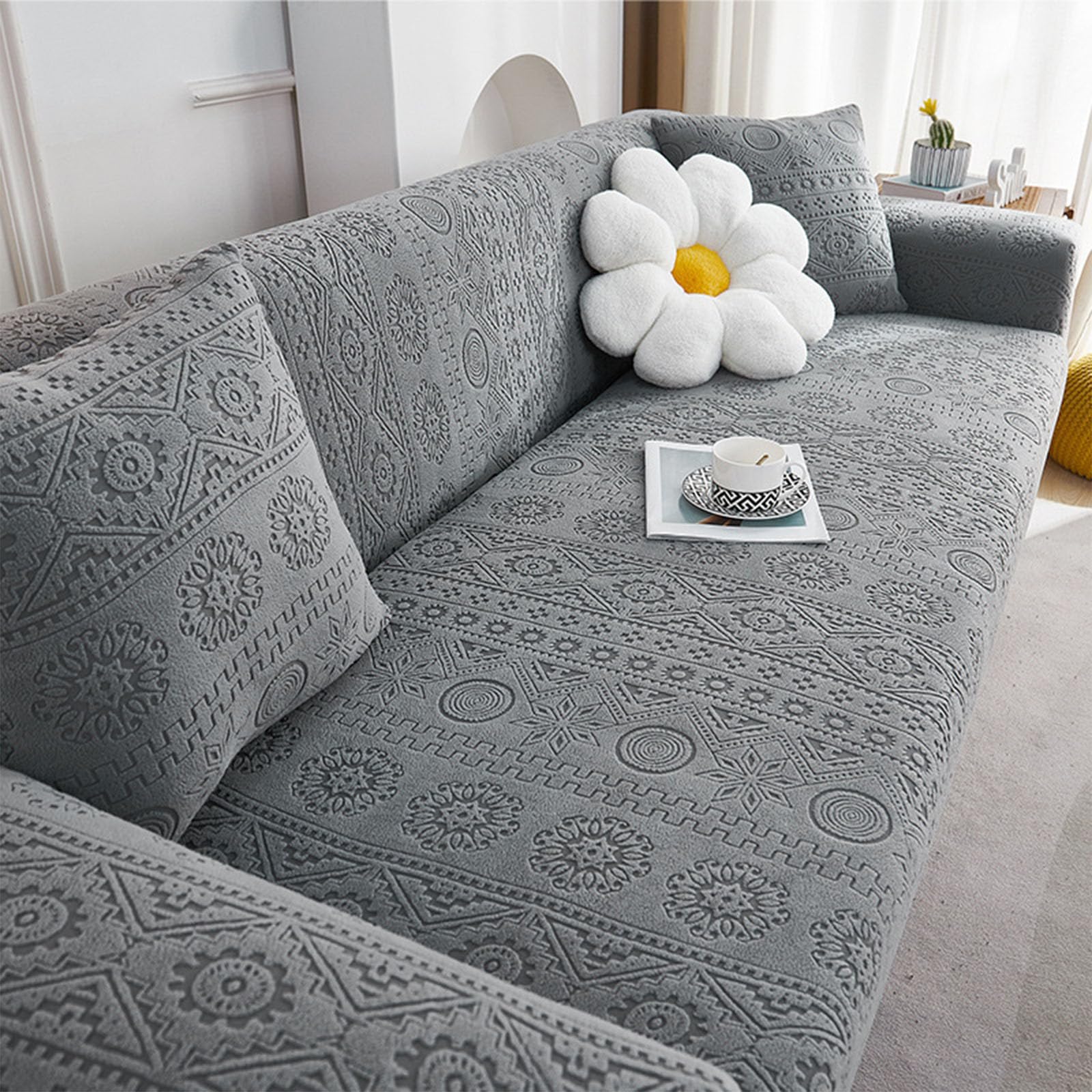 Housse canapé résistante aux griffures de chat extensible grise style bohème S